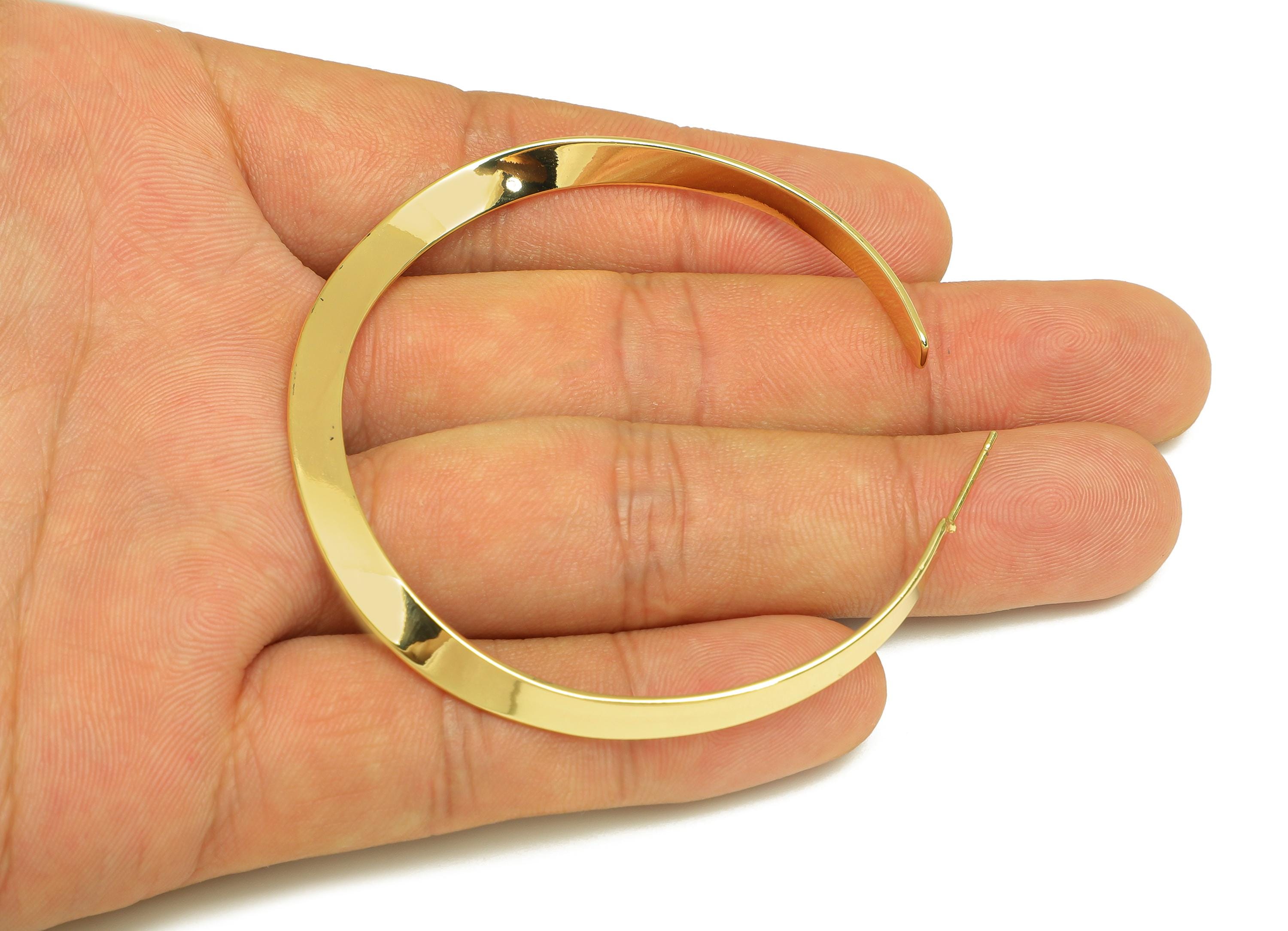 Brass Hoop Earring Stud - Hammered Hoop Earring Post - Brass 60mm Hoop Earring Post - 18K Real Gold Plating - 60.63x62x0.87mm - RGP7922 - DOMEDBAZAAR