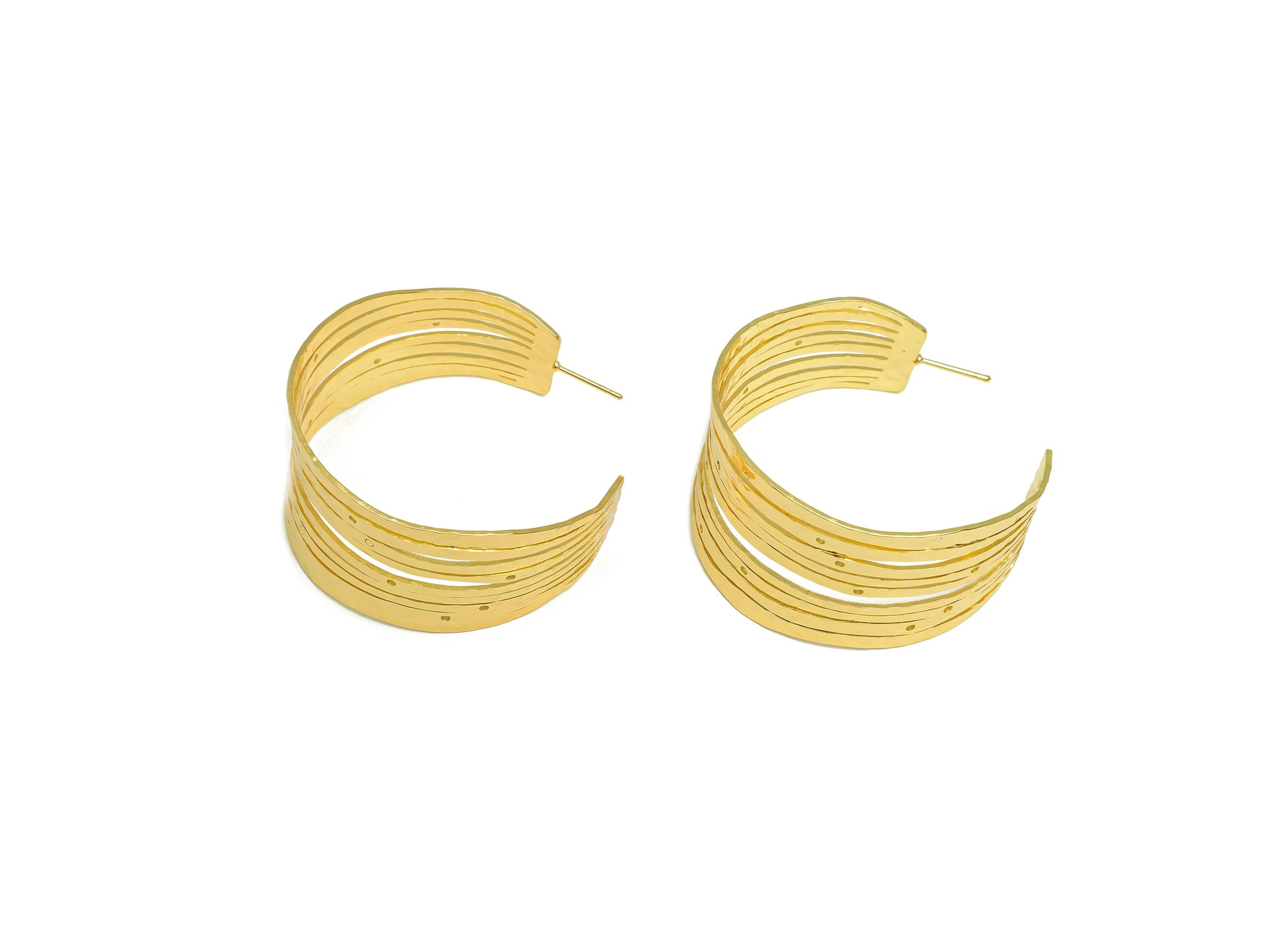 Brass Hoop Earring Stud - Hammered Hoop Earring Post - Brass Textured Hoop Earring Post - 18K Real Gold Plating - 47.16x47.21x0.9mm- RGP7908 - DOMEDBAZAAR