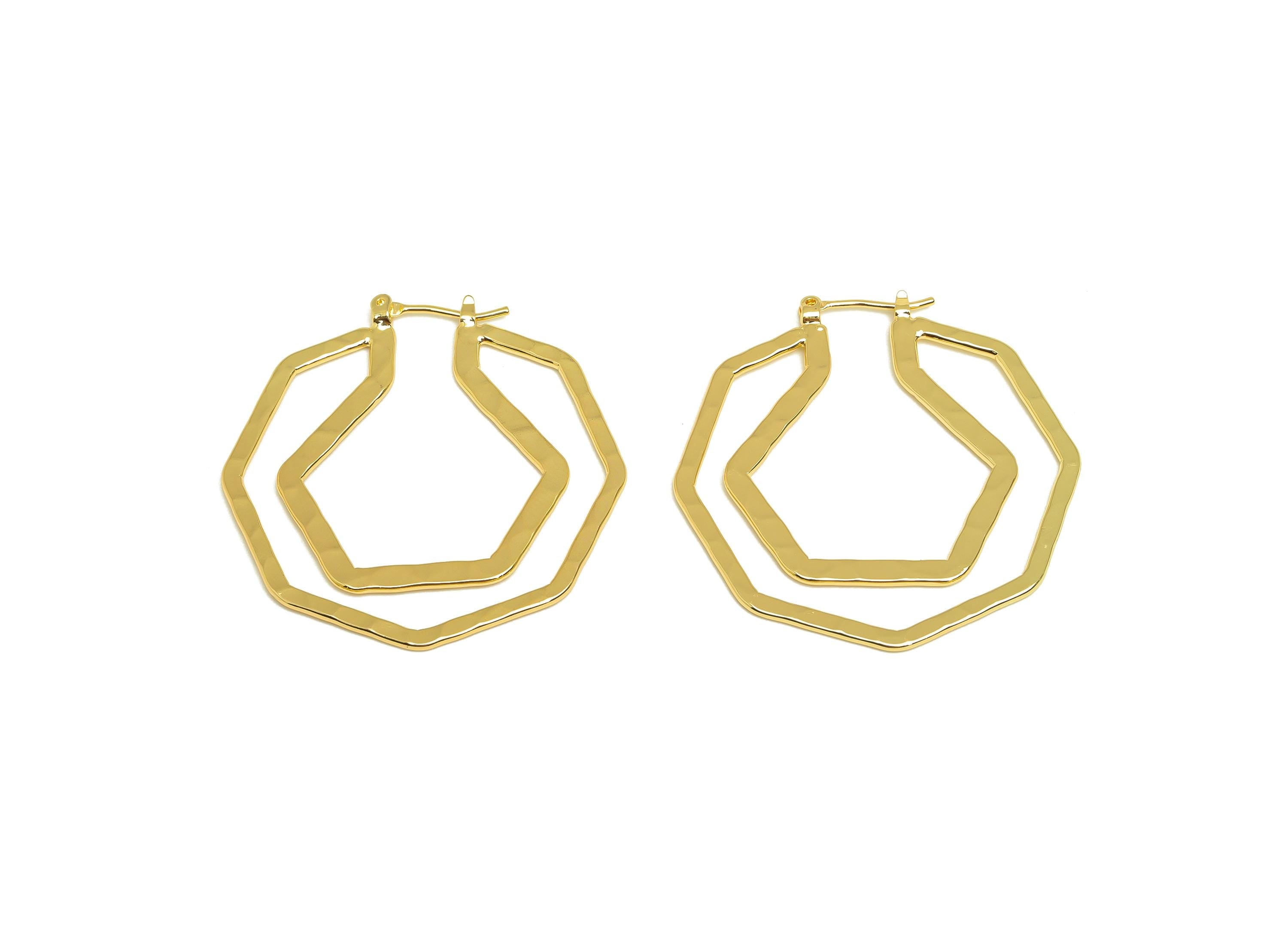 Brass Octagon Hoop Earring - Brass Hinged Back Earring - Hammered Hinged Pentagon Earring - 18K Real Gold Plating - 39x38x0.99mm - RGP7911 - DOMEDBAZAAR