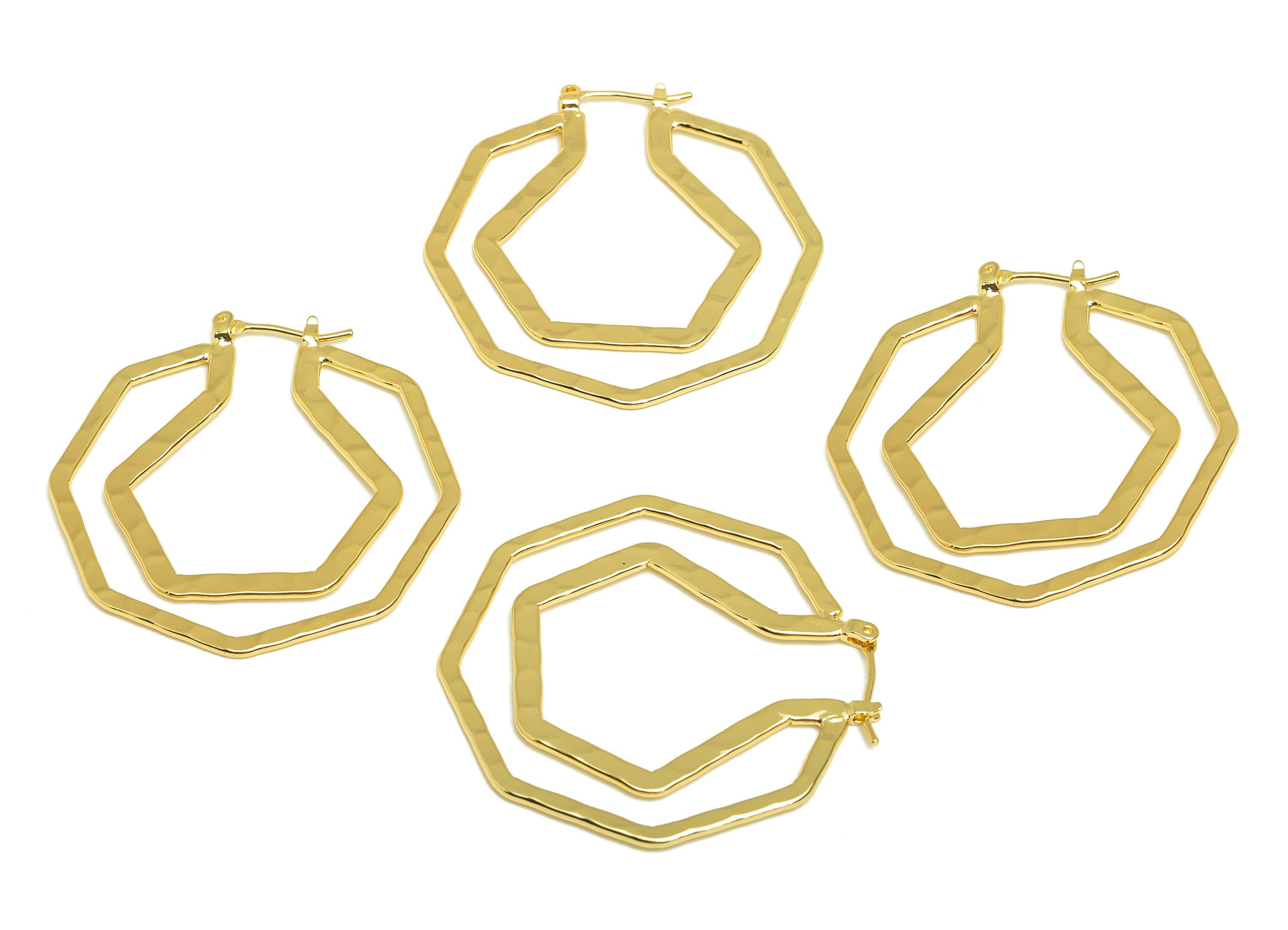 Brass Octagon Hoop Earring - Brass Hinged Back Earring - Hammered Hinged Pentagon Earring - 18K Real Gold Plating - 39x38x0.99mm - RGP7911 - DOMEDBAZAAR
