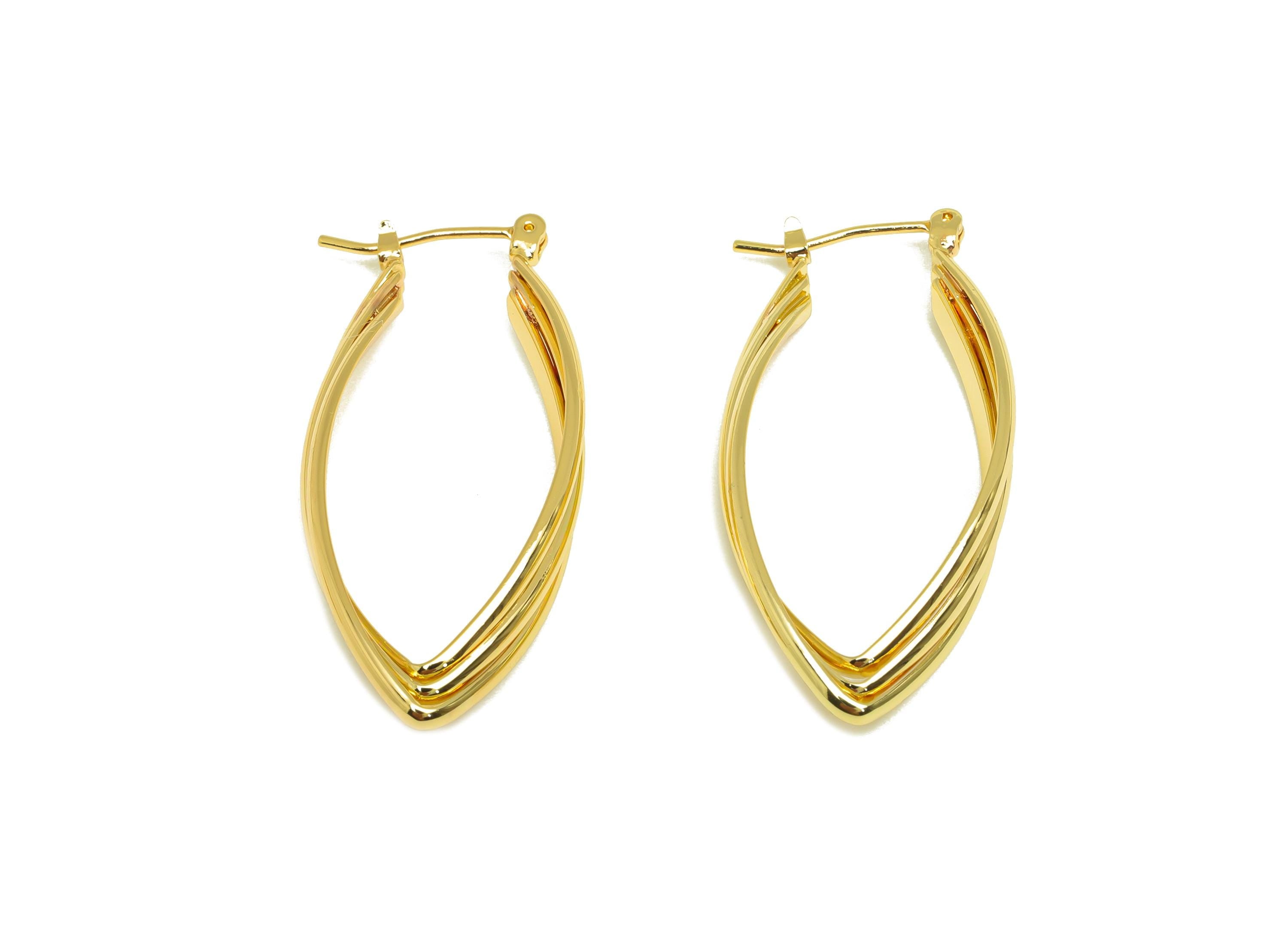 Brass Hoop Earring - Brass Marquise Hinged Back Earring - Textured Hinged Pentagon Earring - 18K Real Gold Plating - 38x18.86x2mm - RGP7883 - DOMEDBAZAAR