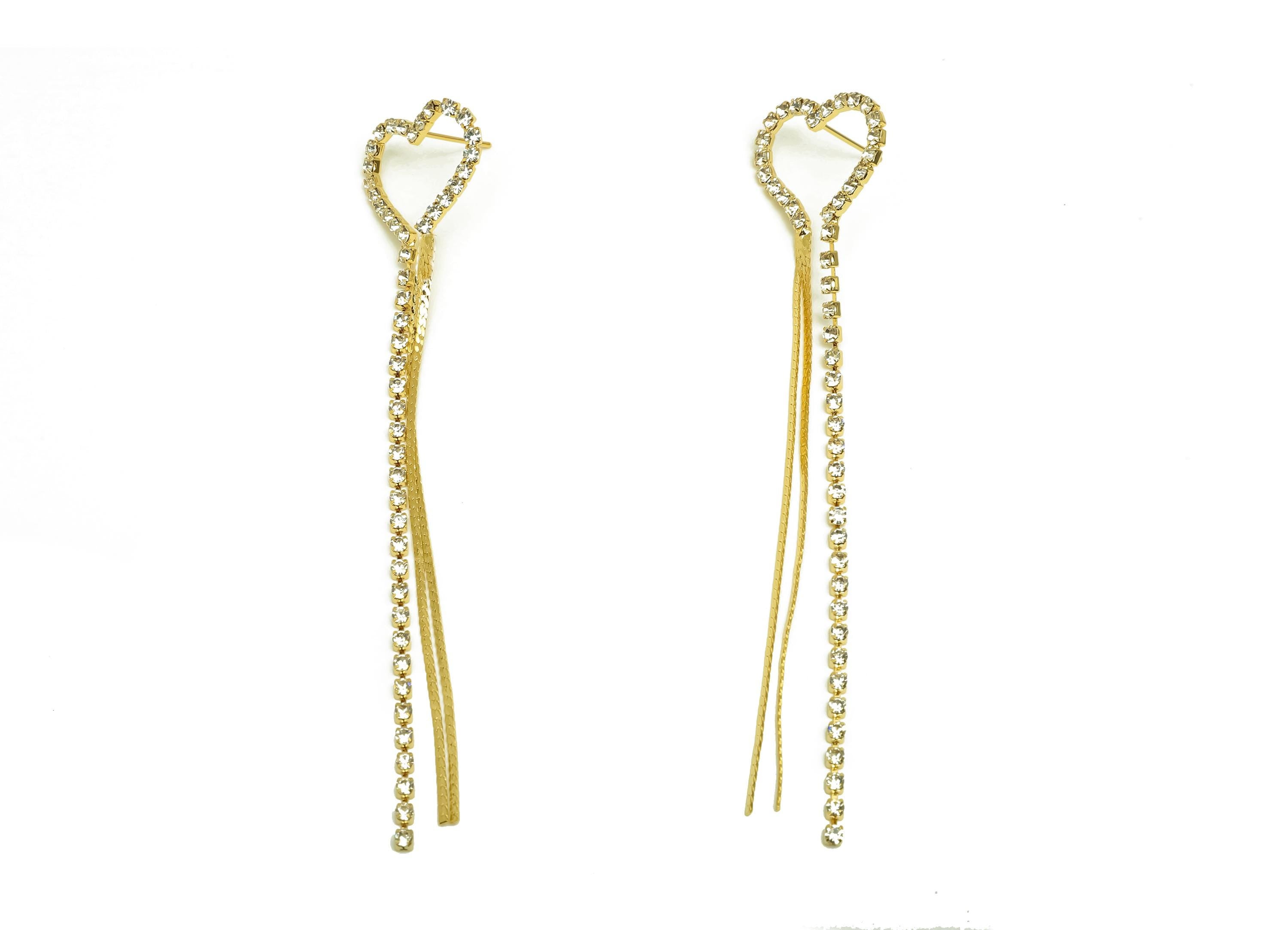 Brass CZ Earring Tassel Stud - Heart Dangle Tassel Earring - Snake Chain Zircon Earring Post - 18K Real Gold Plating - 96x20x2mm - RGP7542 - DOMEDBAZAAR