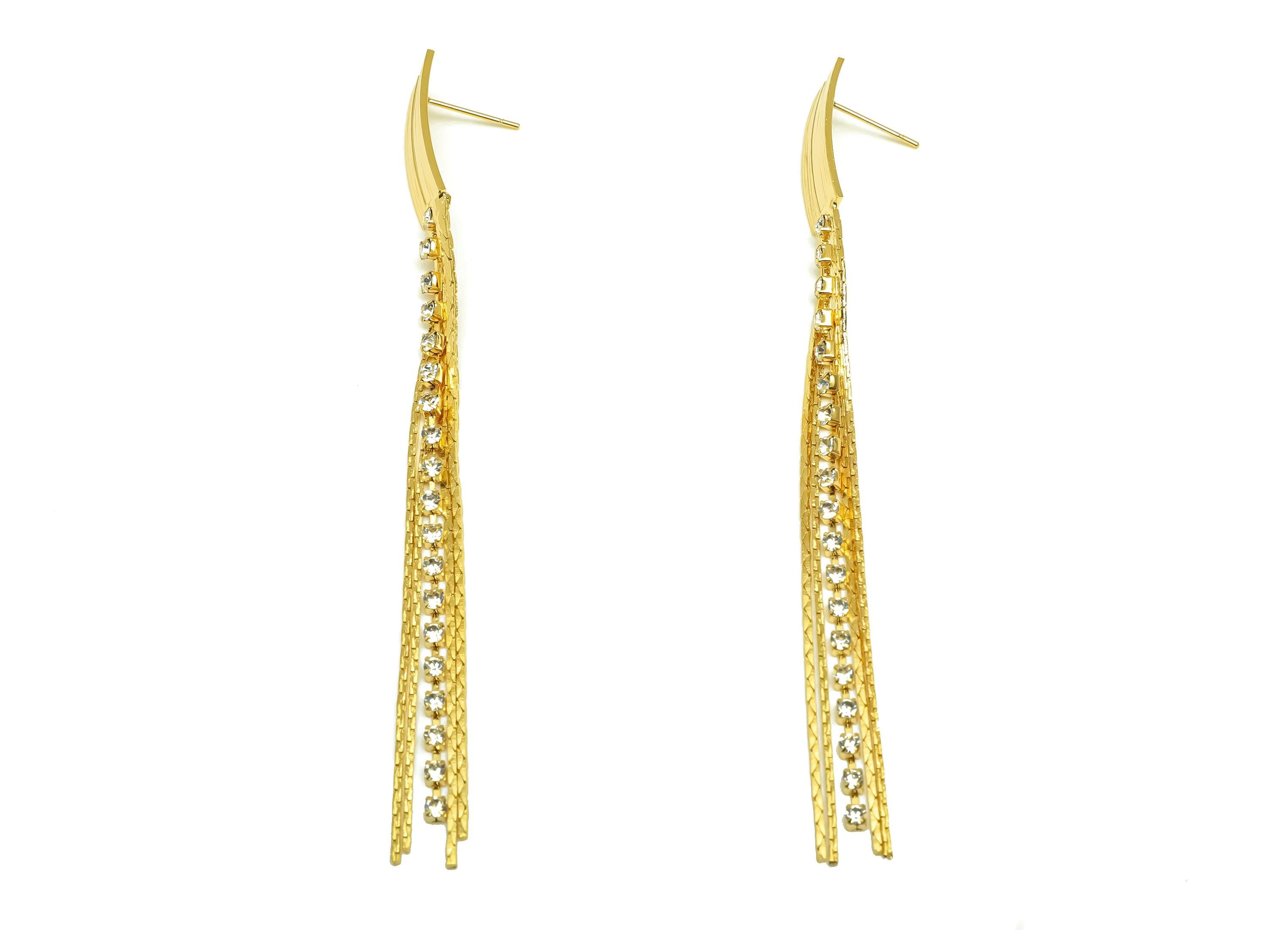 Brass CZ Earring Tassel Stud - Rectangle Tassel Earring - Brass Chain Zircon Earring Post - 18K Real Gold Plating - 100.8x 8x1mm - RGP7545 - DOMEDBAZAAR