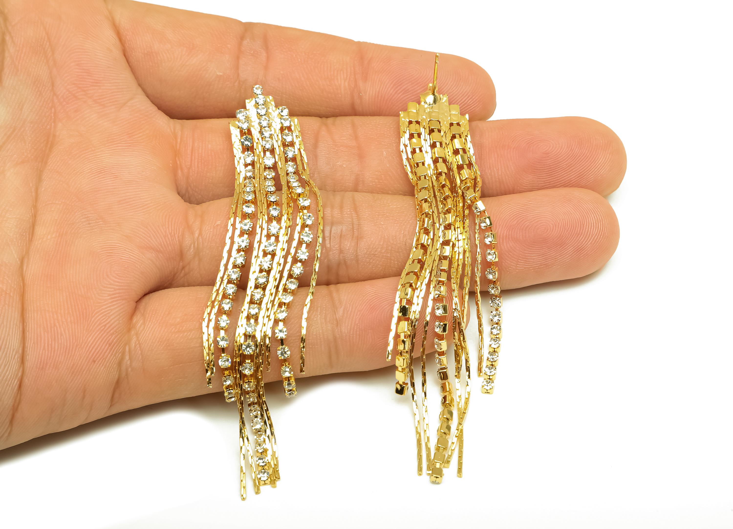 Brass CZ Earring Tassel Stud - Brass Tassel Earring - Brass Snake Chain Zircon Earring Post - 18K Real Gold Plating - 87.09x13x2mm - RGP7579 - DOMEDBAZAAR