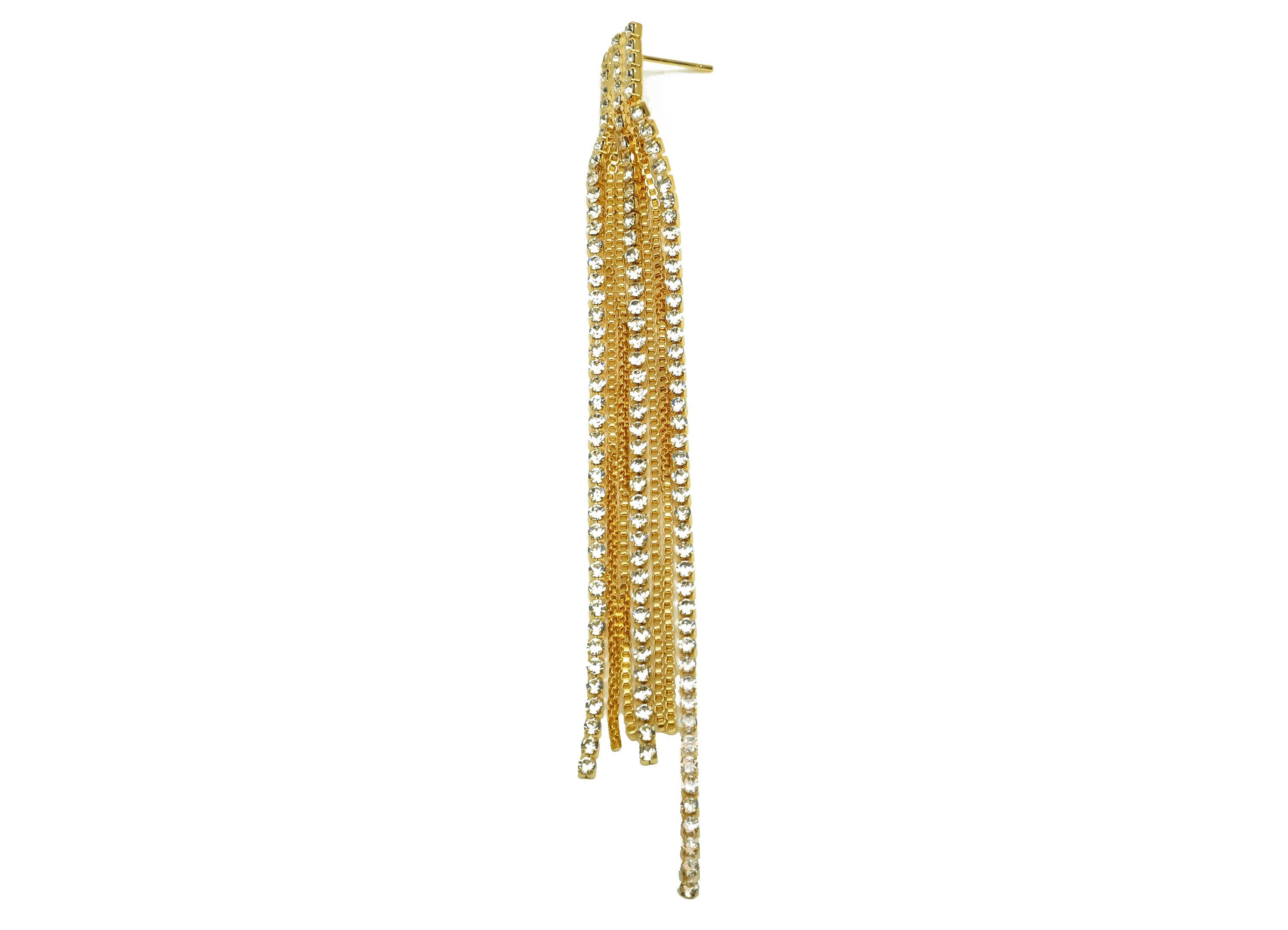 Brass CZ Earring Tassel Stud - Brass Tassel Earring - Brass Box Chain Zircon Earring Post - 18K Real Gold Plating - 119x11x2mm - RGP7544 - DOMEDBAZAAR