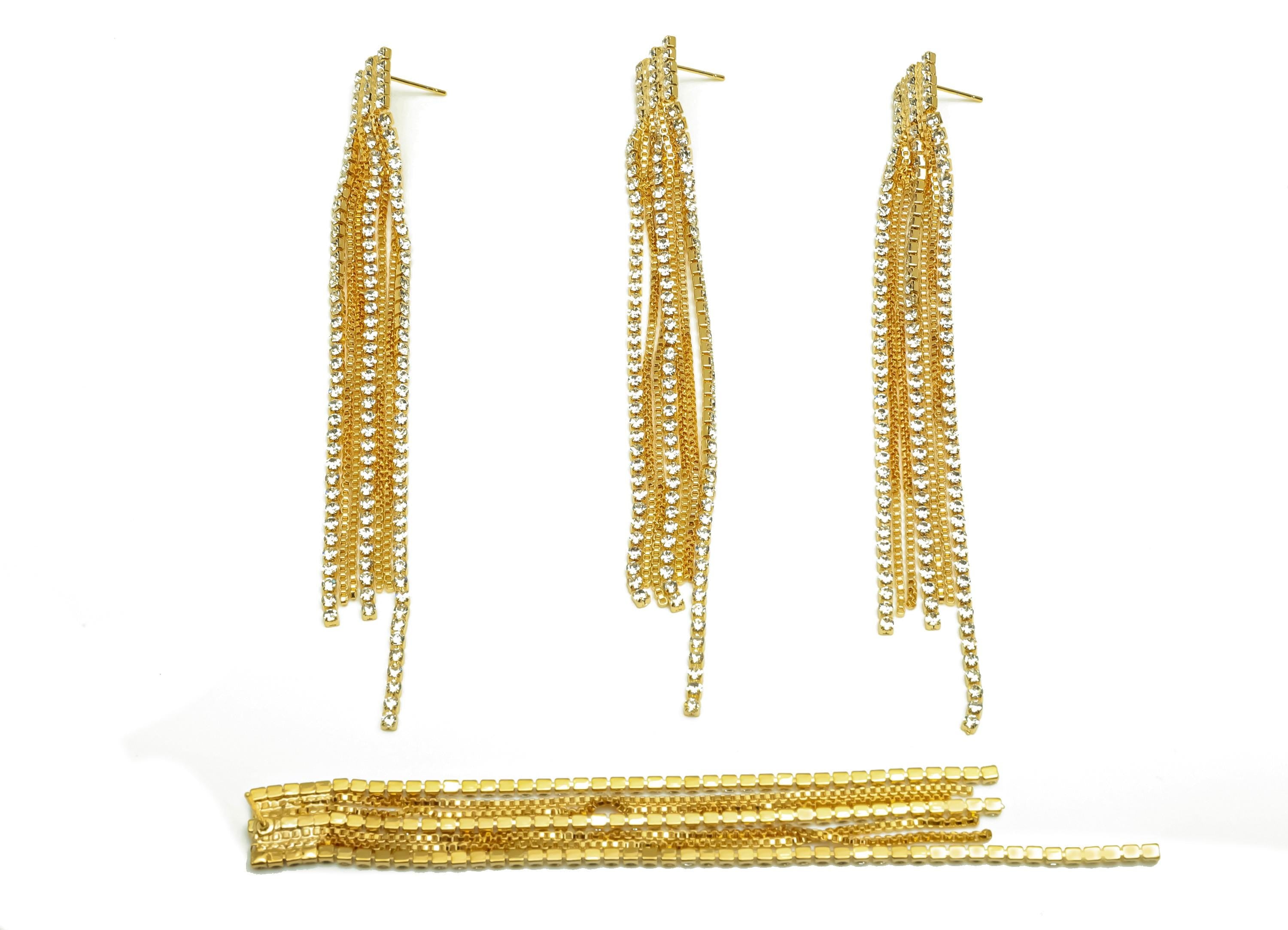 Brass CZ Earring Tassel Stud - Brass Tassel Earring - Brass Box Chain Zircon Earring Post - 18K Real Gold Plating - 119x11x2mm - RGP7544 - DOMEDBAZAAR