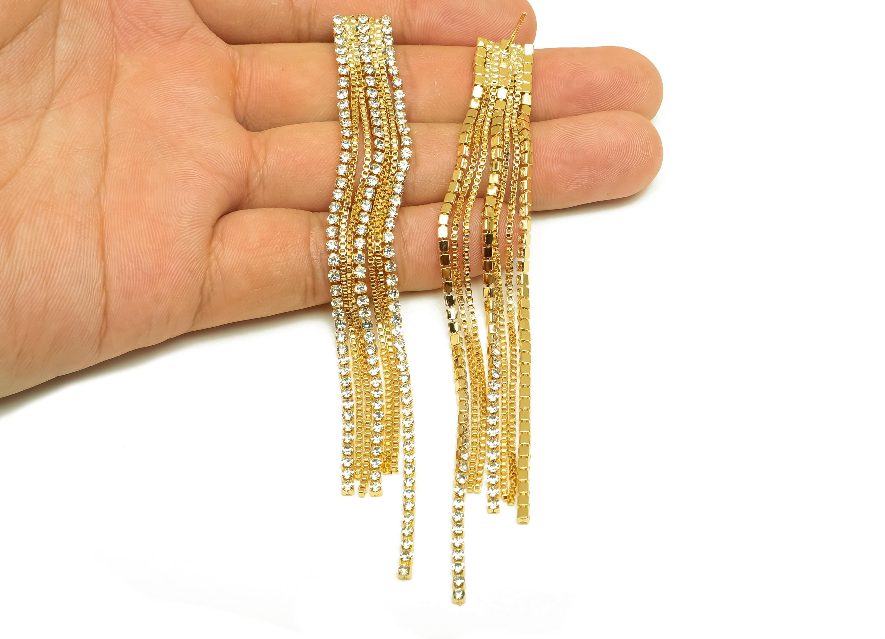 Brass CZ Earring Tassel Stud - Brass Tassel Earring - Brass Box Chain Zircon Earring Post - 18K Real Gold Plating - 119x11x2mm - RGP7544 - DOMEDBAZAAR