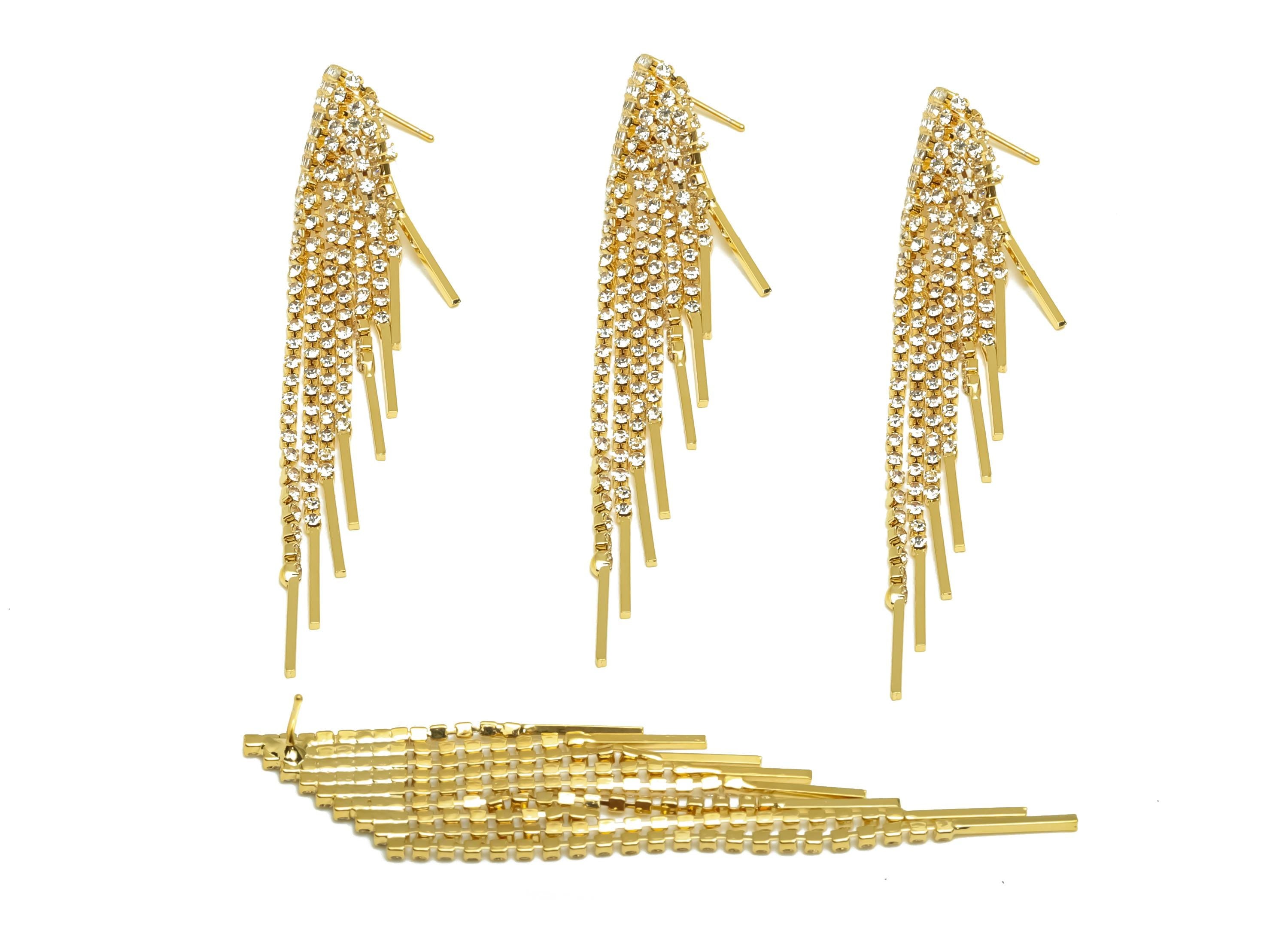 Brass CZ Earring Tassel Stud - Brass Triangle Tassel Earring - Brass Stick Zircon Earring Post - 18K Real Gold Plating - 78x14x1mm - RGP7572 - DOMEDBAZAAR