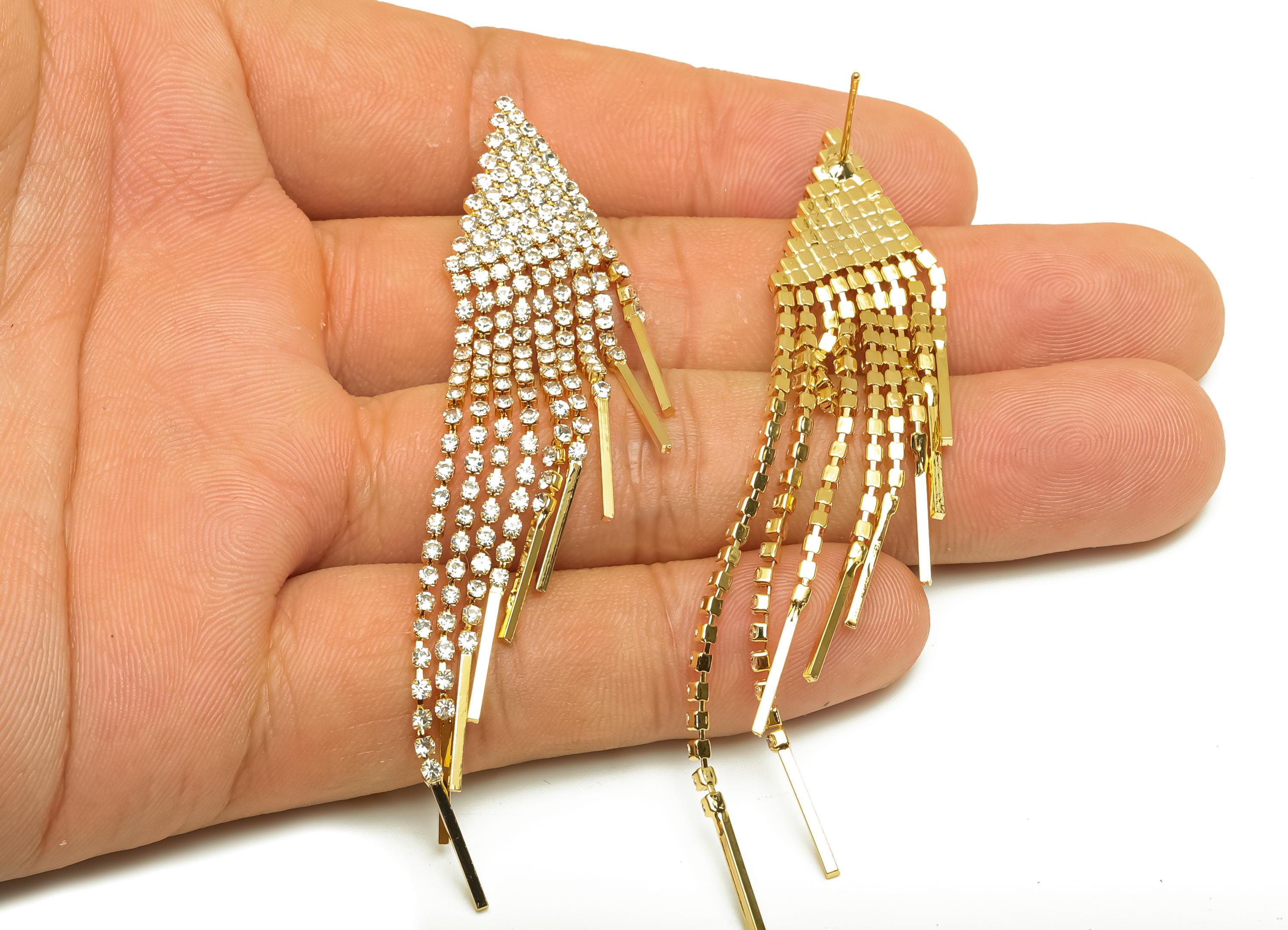 Brass CZ Earring Tassel Stud - Brass Triangle Tassel Earring - Brass Stick Zircon Earring Post - 18K Real Gold Plating - 78x14x1mm - RGP7572 - DOMEDBAZAAR