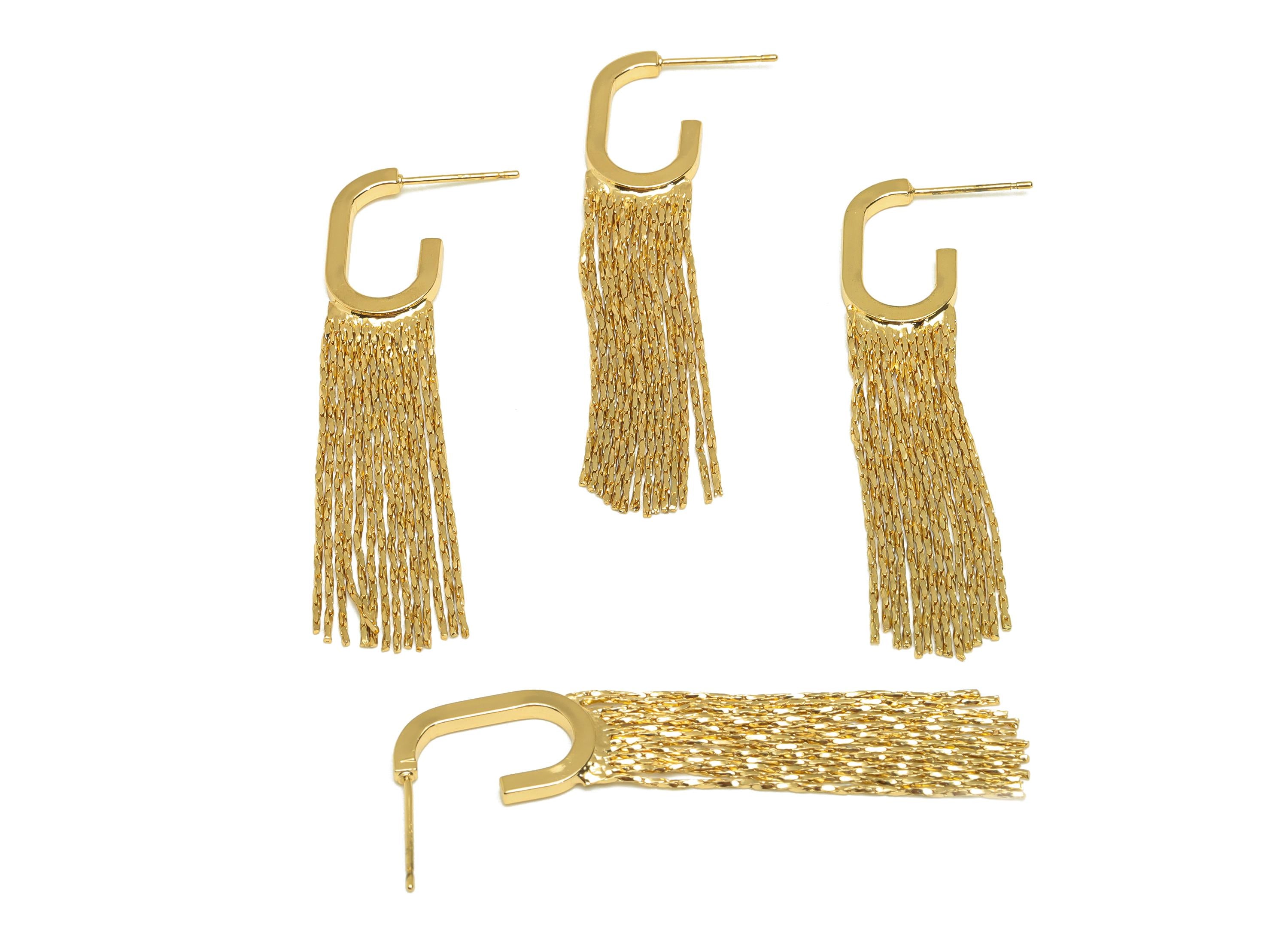 Brass Tassel Earring Stud - Open Rectangle Snake Chian Earring Post - Gold Tassel Chian Ear - 18K Real Gold Plated -57.8x11.2x2.06mm-RGP7602 - DOMEDBAZAAR