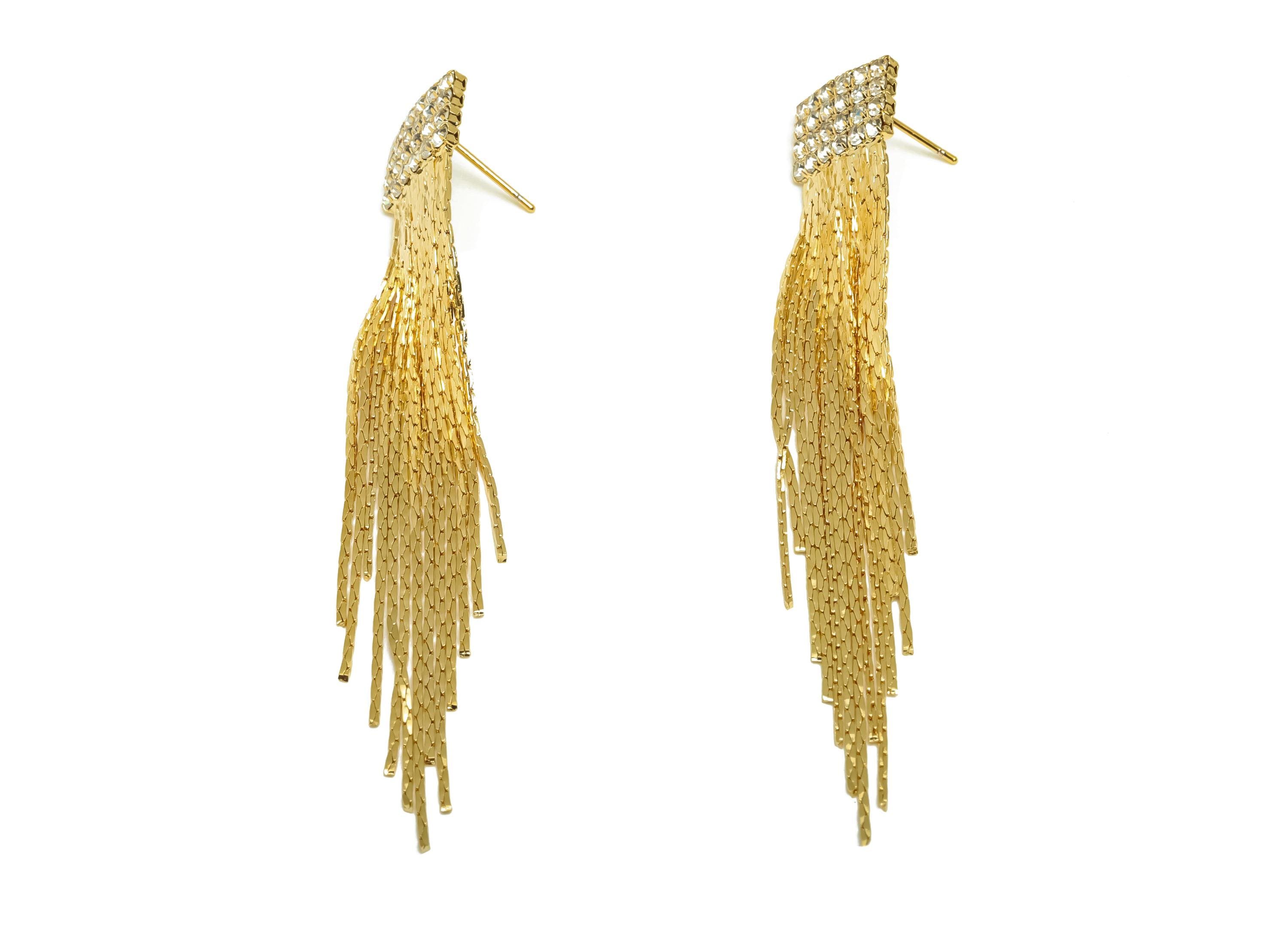 Brass CZ Earring Tassel Stud - Brass Rectangle Tassel Earring - Brass Chain Zircon Earring Post - 18K Real Gold Plating - 74x13x2mm -RGP7567 - DOMEDBAZAAR