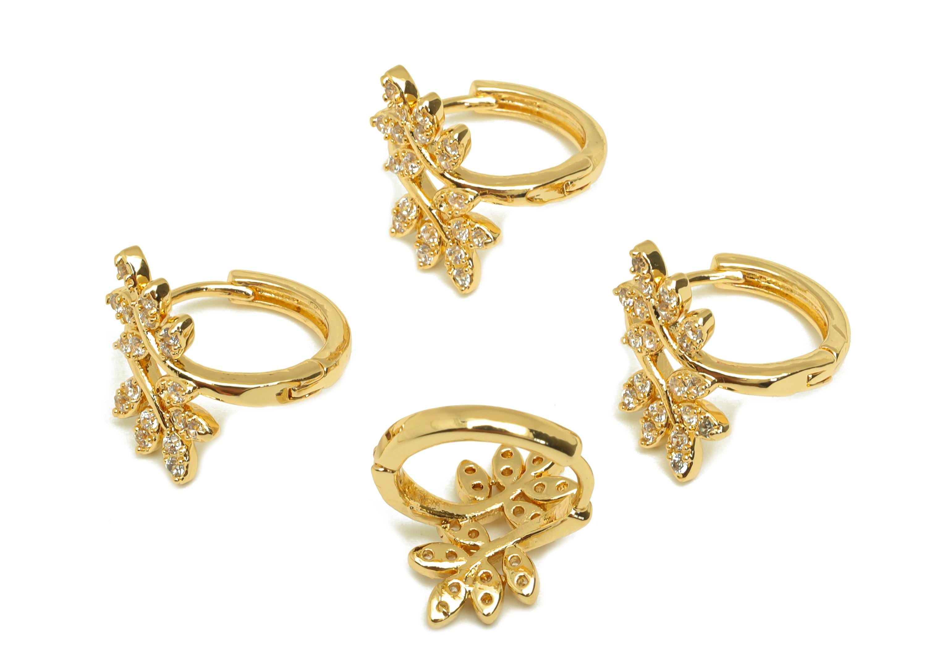 Brass Branch Hoop Earring - Gold Zircon Leaf Huggie Hoop Earring - CZ Leaves Hoop Earrings - 18K Real Gold Plating - 16x15x2.2mm - RGP7603 - DOMEDBAZAAR