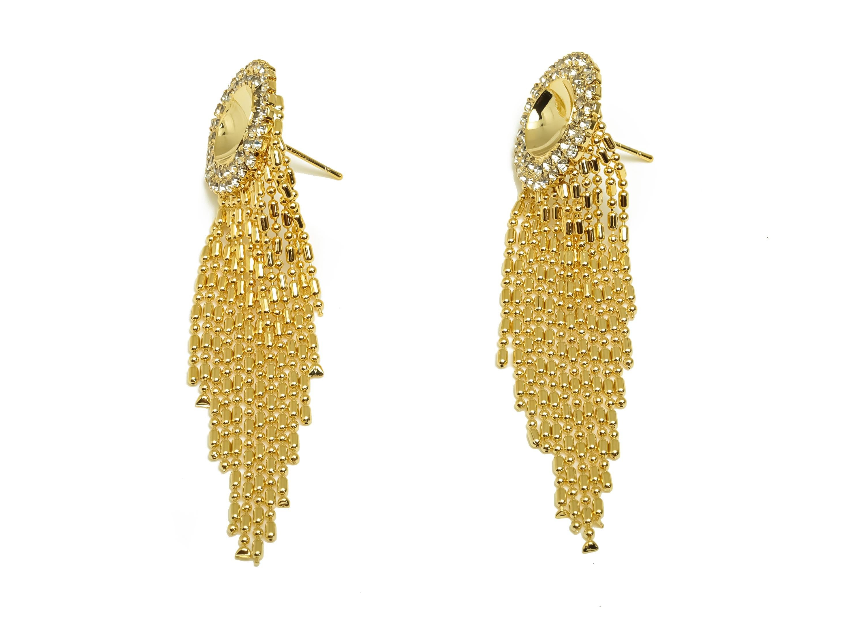Brass CZ Earring Tassel Stud - Brass Tassel Earring For Pearl - Beaded Chain Zircon Earring Post - 18K Real Gold Plating - 78x14x1mm-RGP7552 - DOMEDBAZAAR