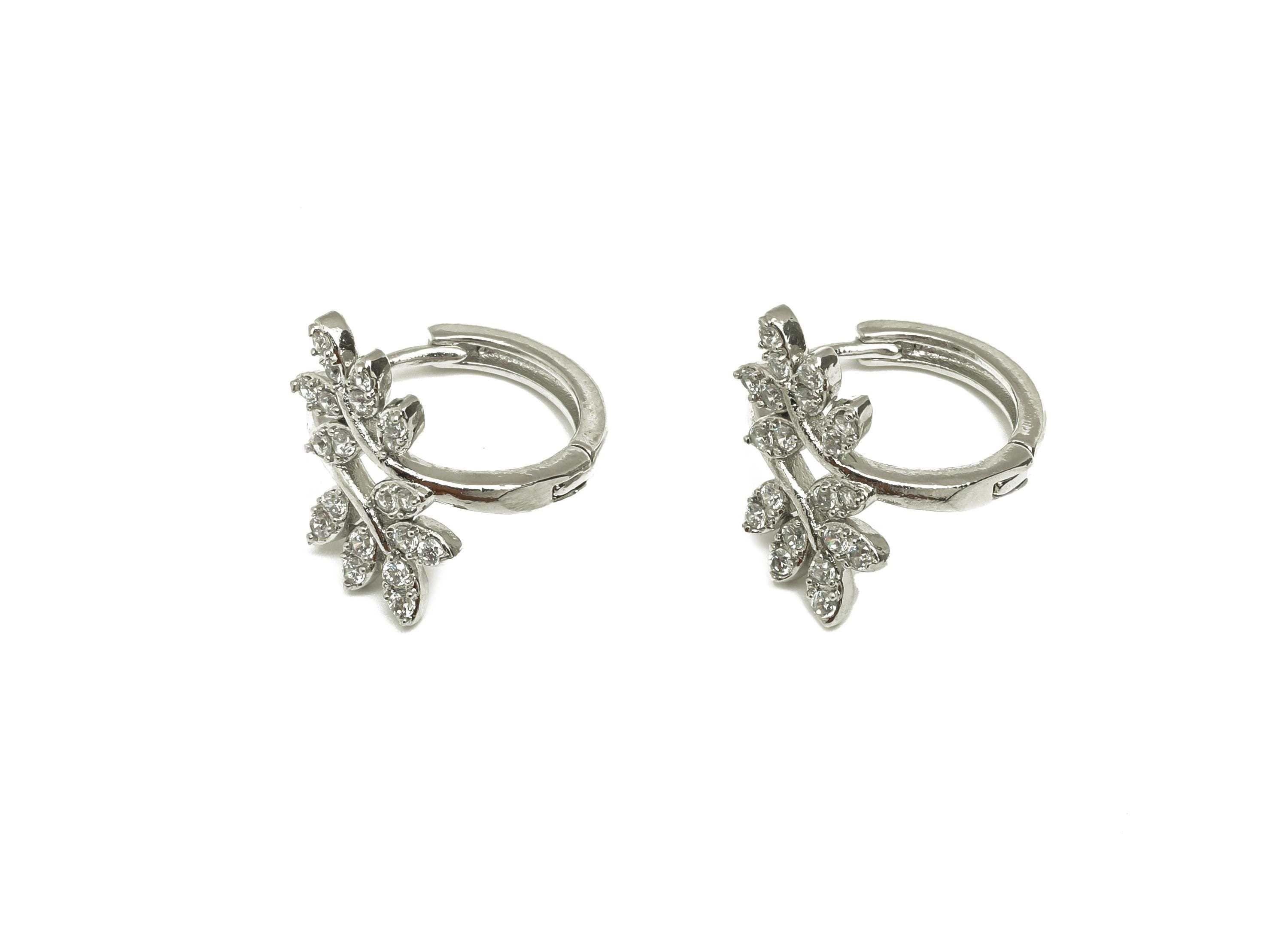 Brass Branch Hoop Earring - White Zircon Leaf Huggie Hoop Ear - CZ Leaves Hoop Earring - 18K Real White Gold Plating - 16x15x2.2mm - RGP7604 - DOMEDBAZAAR