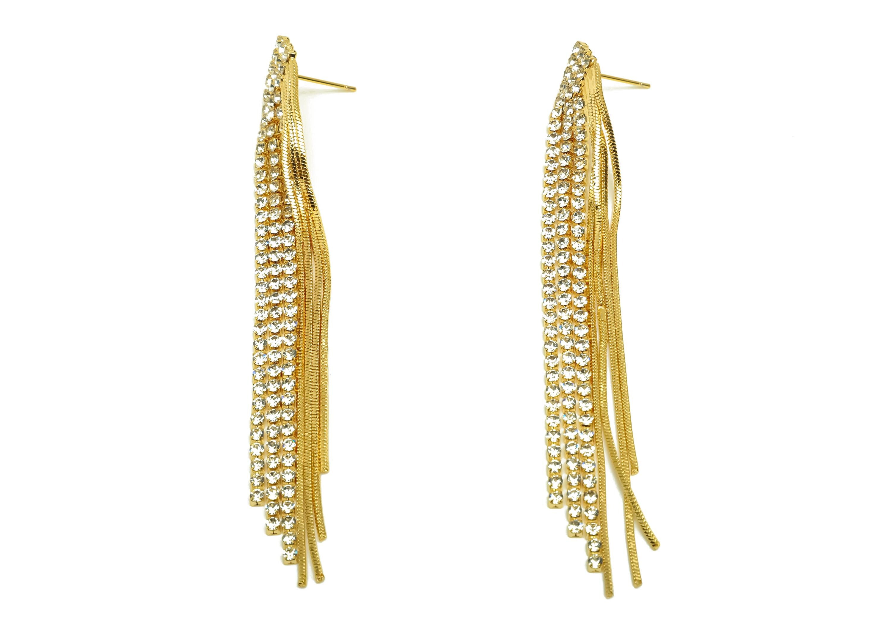 Brass CZ Earring Tassel Stud - Brass Tassel Earring - Brass Snake Chain Zircon Earring Post - 18K Real Gold Plating - 91.64x12x2mm - RGP7547 - DOMEDBAZAAR