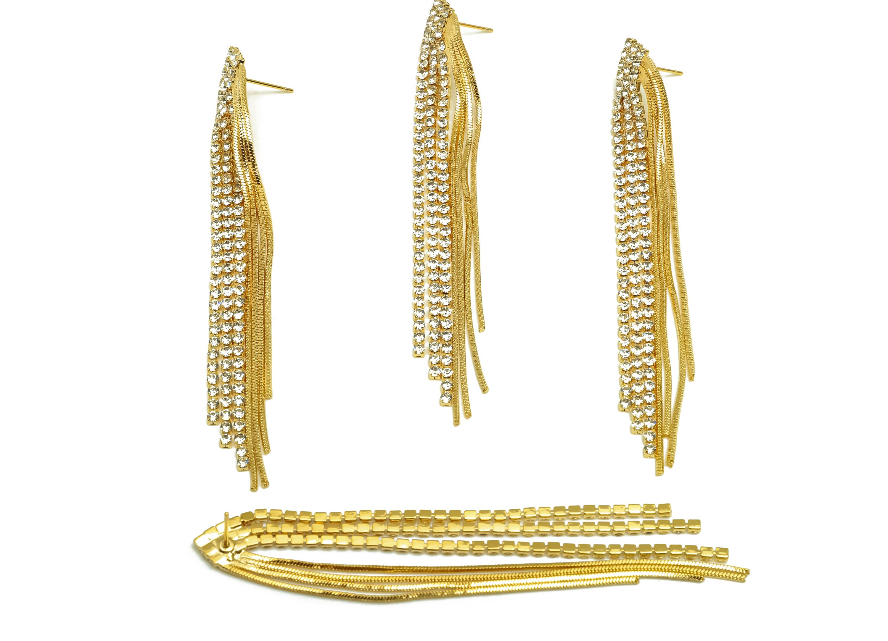 Brass CZ Earring Tassel Stud - Brass Tassel Earring - Brass Snake Chain Zircon Earring Post - 18K Real Gold Plating - 91.64x12x2mm - RGP7547 - DOMEDBAZAAR