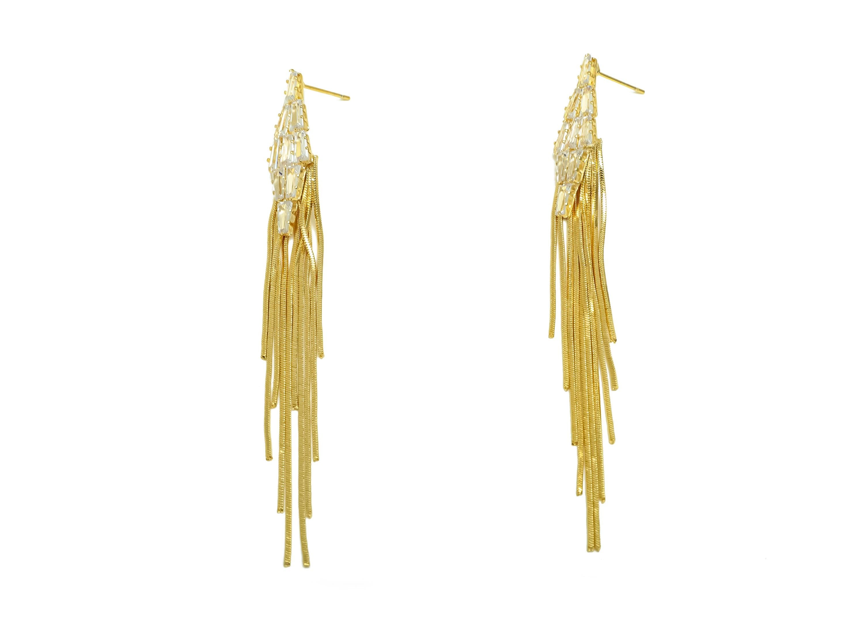 Brass CZ Earring Tassel Stud - Brass Diamond Tassel Earring - Snake Chain Zircon Earring Post - 18K Real Gold Plating - 97x10x2mm - RGP7557 - DOMEDBAZAAR