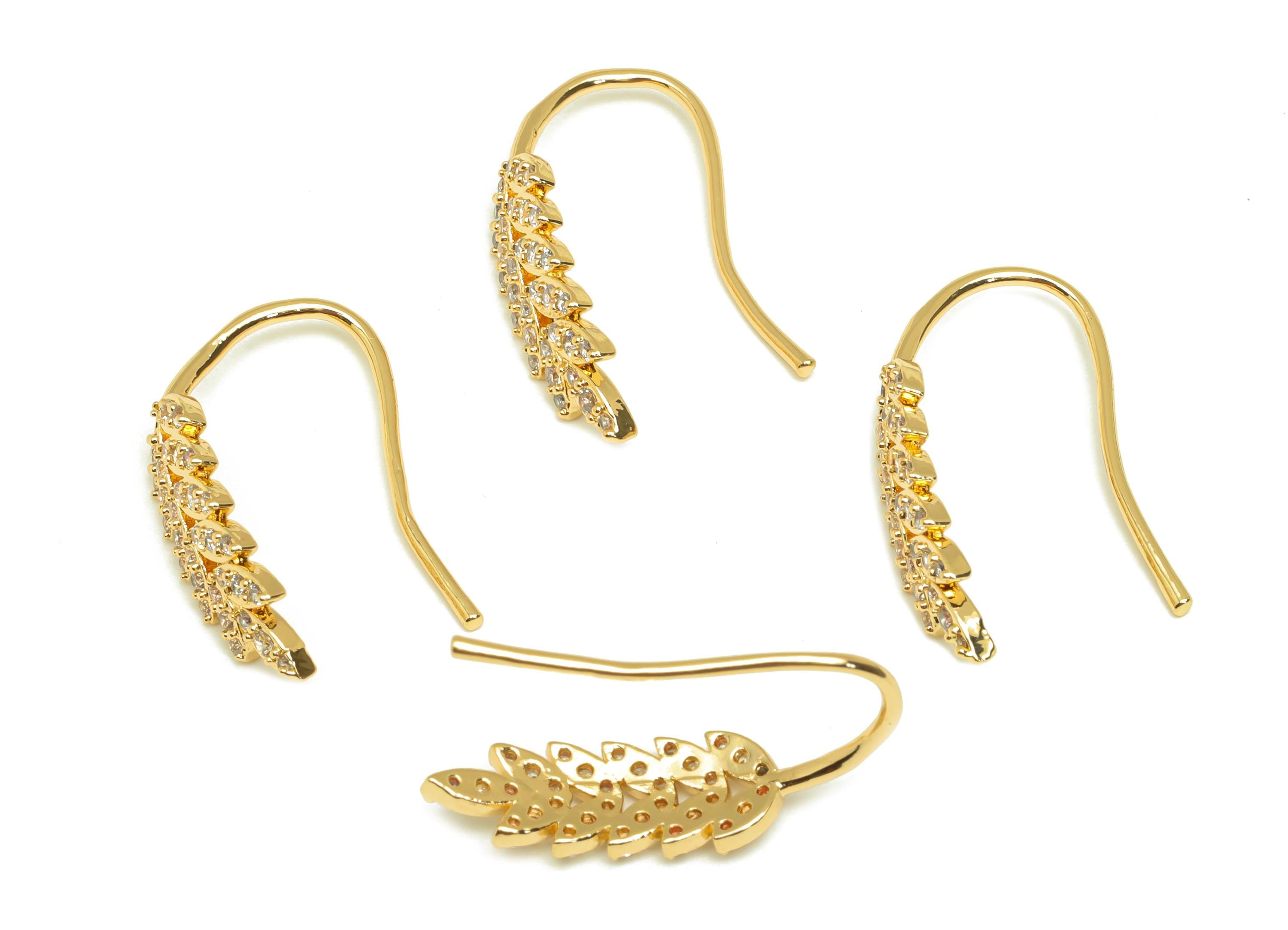 Brass Wheat Earring Wire - Gold Zircon Leaves Hoop Earring Wire - CZ Wheat Earring Wire - 18K Real Gold Plating - 26.37x7.7x2.34mm - RGP7606 - DOMEDBAZAAR