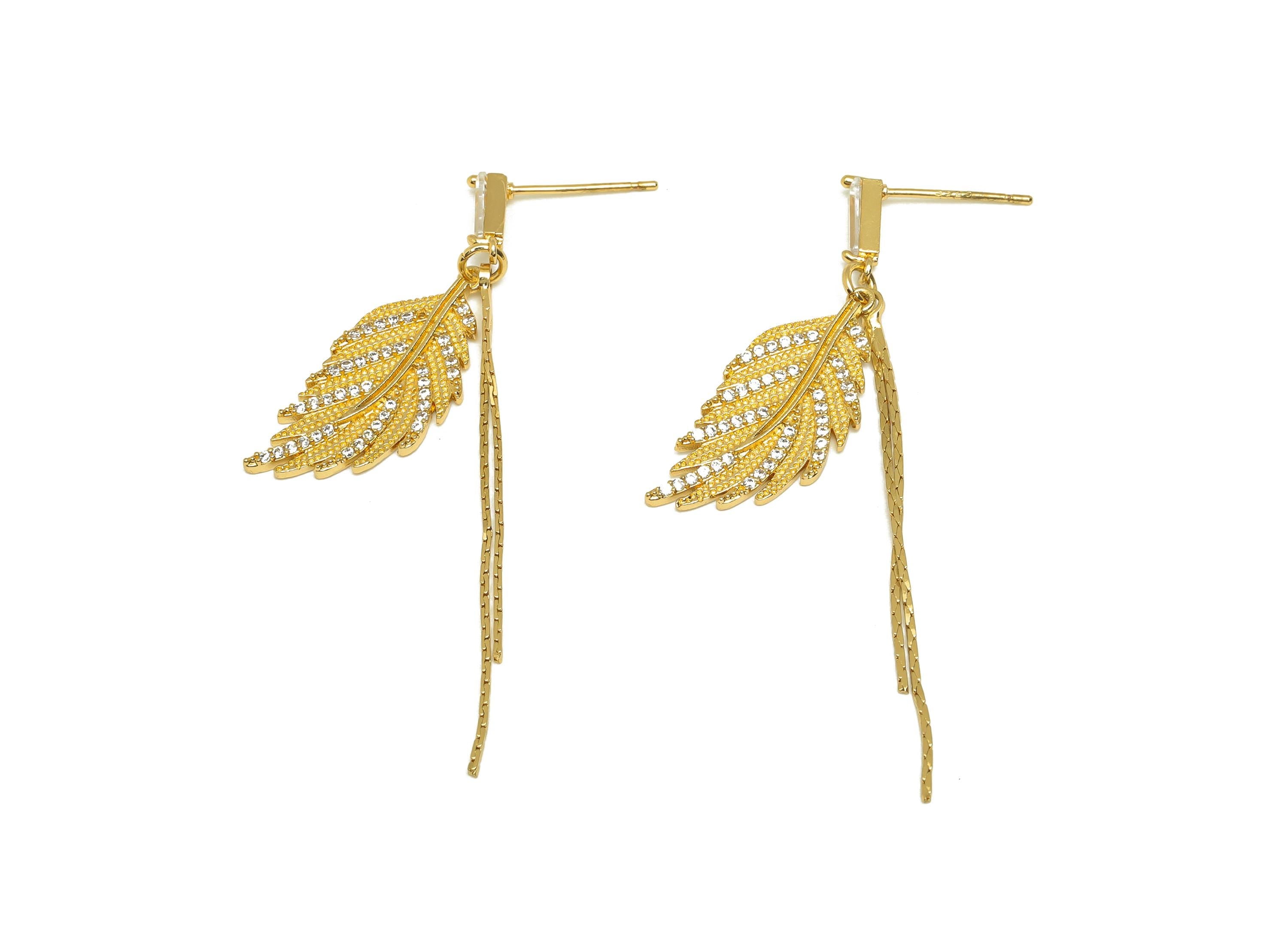 Brass Leaf Dangle Earring - CZ Feather Snake Chian Earring Post - Gold Leaves Dangle Ear - 18K Real Gold Plated -45.3x11.84x1.89mm - RGP7607 - DOMEDBAZAAR