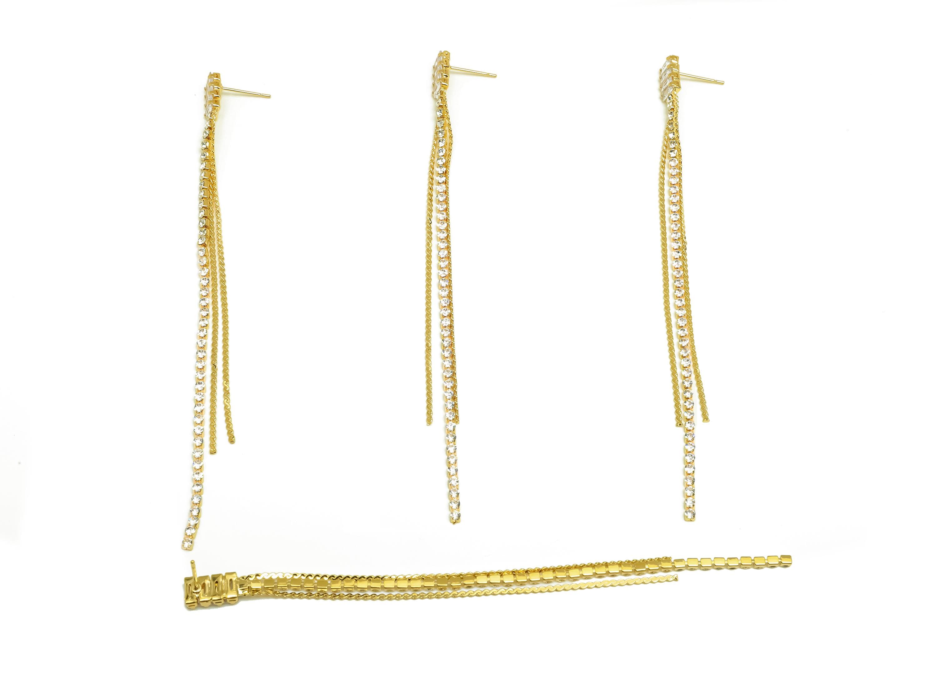 Brass CZ Earring Tassel Stud - Brass Rectangle Tassel Earring - Snake Chain Zircon Earring Post - 18K Real Gold Plating - 116x5x3mm -RGP7543 - DOMEDBAZAAR