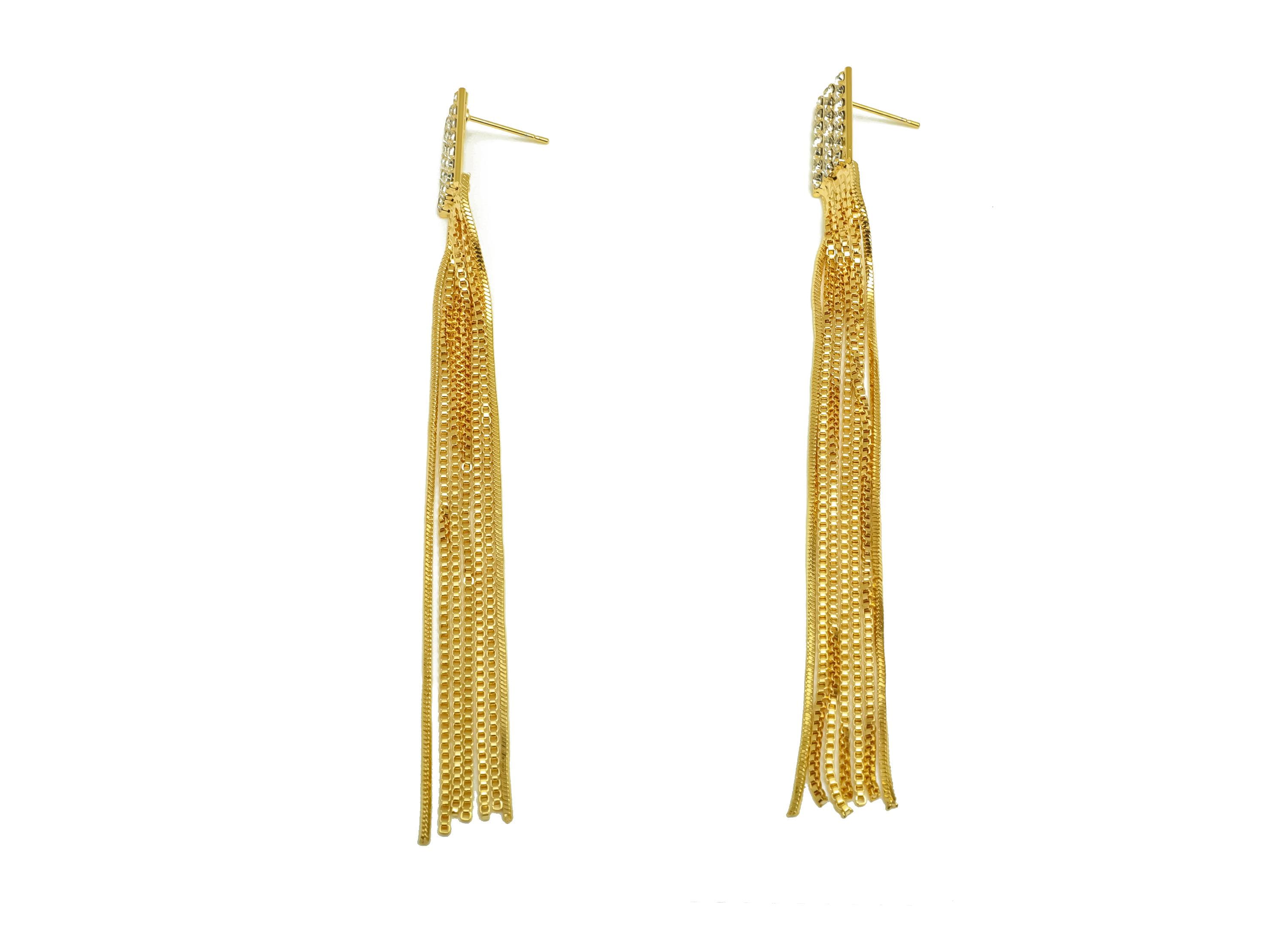 Brass CZ Earring Tassel Stud - Brass Box Chain Tassel Earring - Snake Chain Zircon Earring Post - 18K Real Gold Plating - 103x9x2mm -RGP7548 - DOMEDBAZAAR