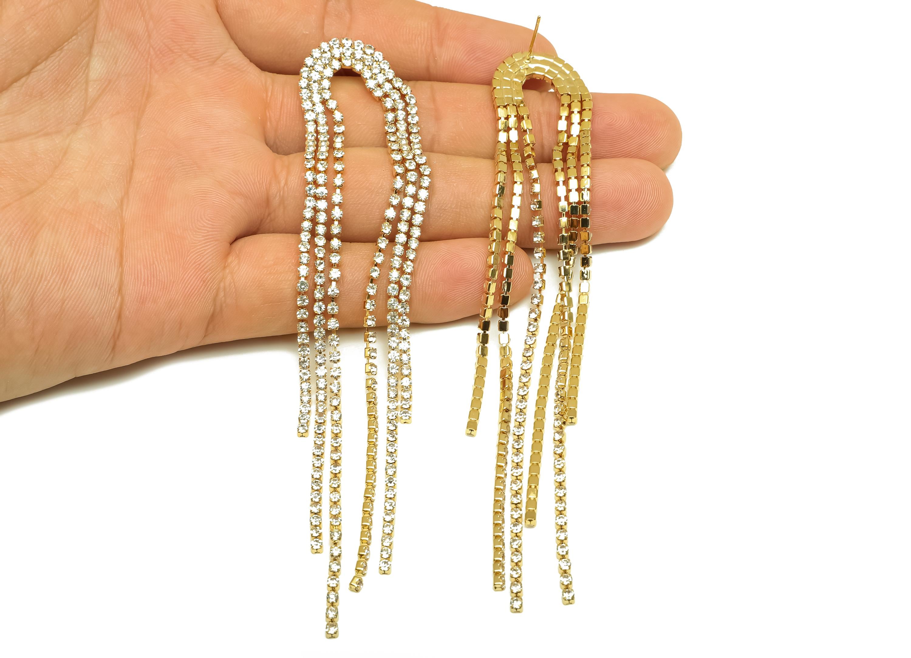 Brass CZ Earring Tassel Stud - Brass Bridge Tassel Earring - Cubic Zircon Earring Post - 18K Real Gold Plating - 121.48x20x2.14mm - RGP7558 - DOMEDBAZAAR