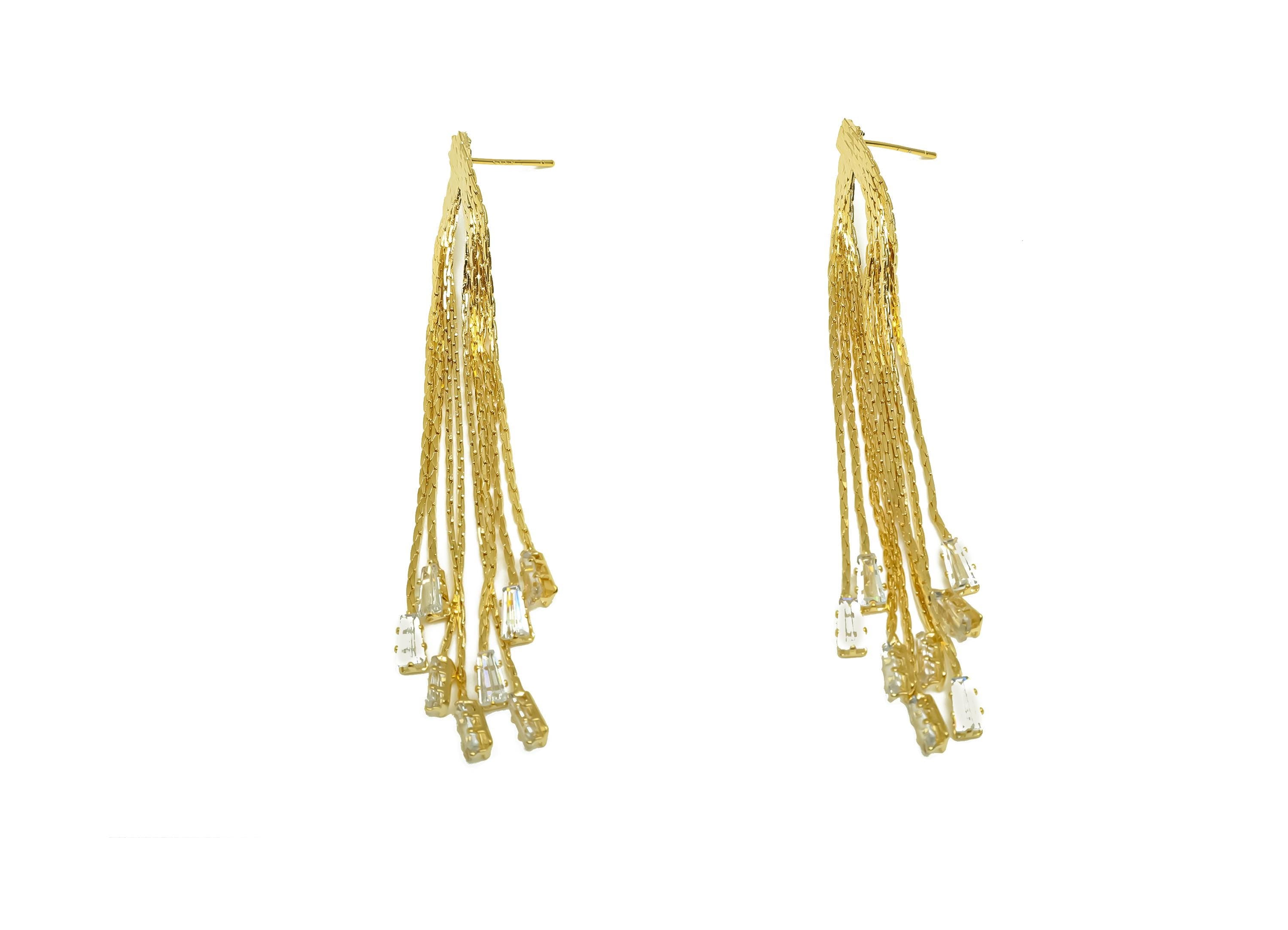 Brass CZ Earring Tassel Stud - Brass Trapezoid Tassel Earring - Cubic Zircon Earring Post - 18K Real Gold Plating - 76x9.89x0.92mm - RGP7573 - DOMEDBAZAAR