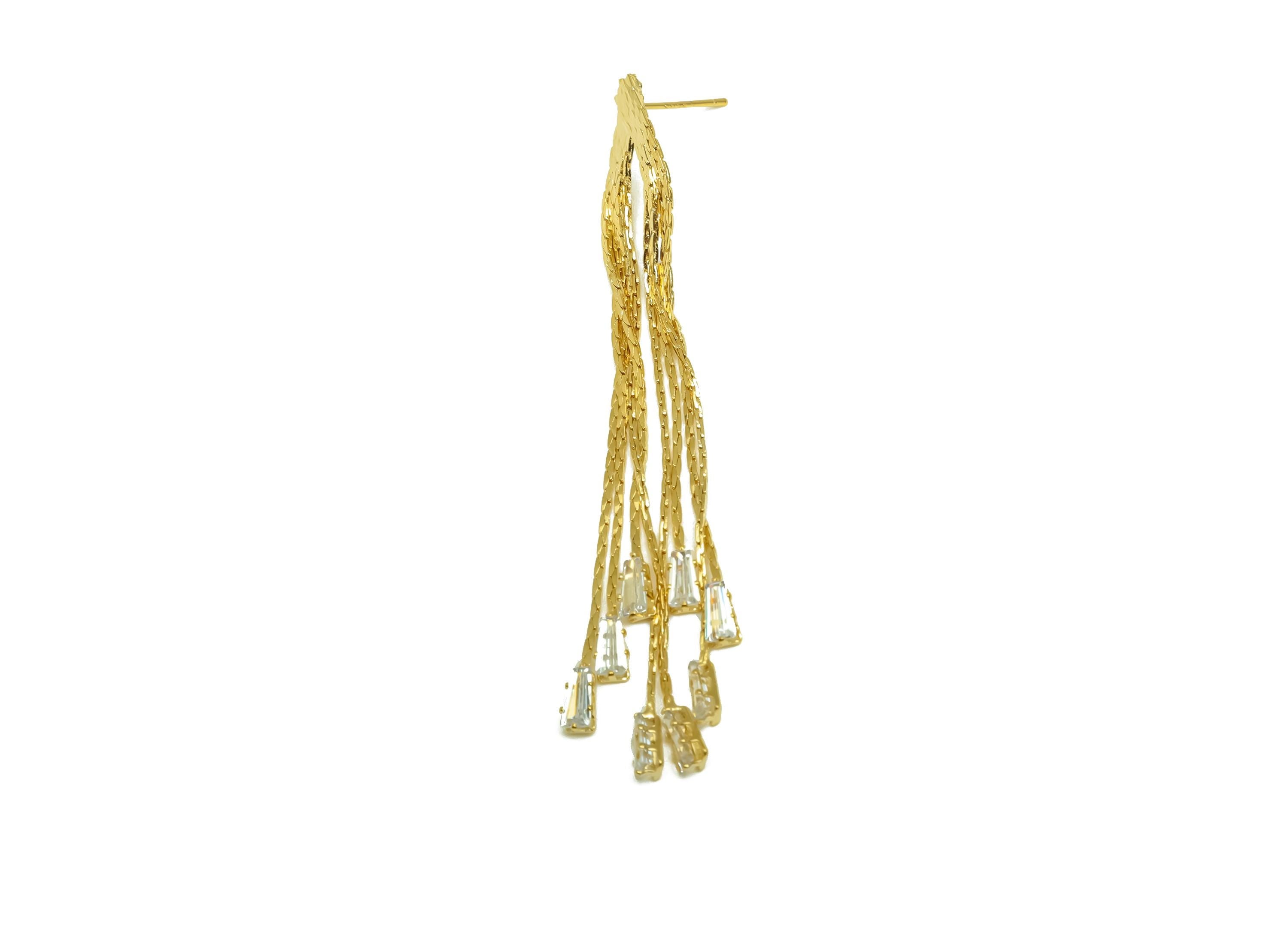 Brass CZ Earring Tassel Stud - Brass Trapezoid Tassel Earring - Cubic Zircon Earring Post - 18K Real Gold Plating - 76x9.89x0.92mm - RGP7573 - DOMEDBAZAAR