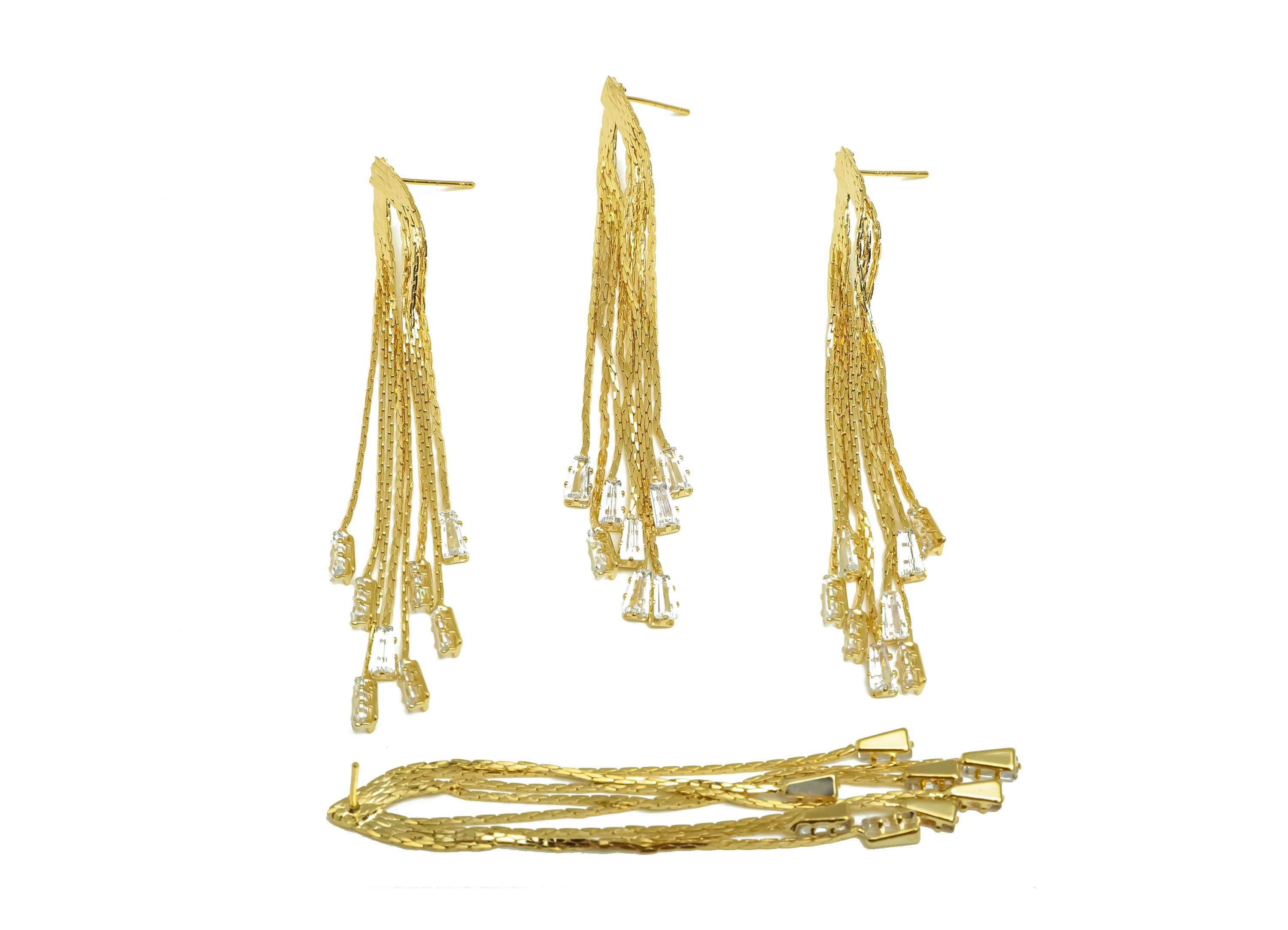 Brass CZ Earring Tassel Stud - Brass Trapezoid Tassel Earring - Cubic Zircon Earring Post - 18K Real Gold Plating - 76x9.89x0.92mm - RGP7573 - DOMEDBAZAAR
