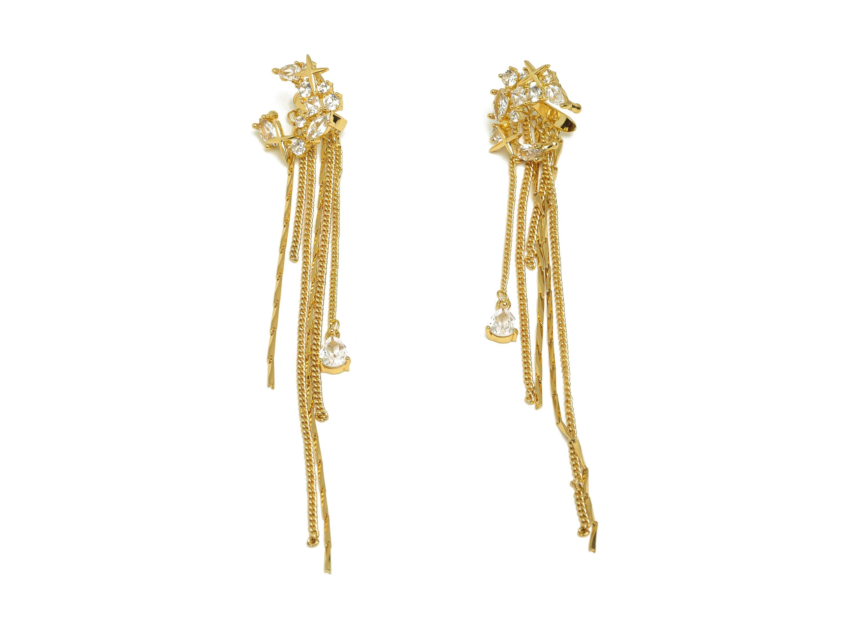 Brass Moon Star Ear Cuff - CZ Gold C Tassel Earring Cuff - Zircon Cartilage Cuff Chain Ear - 18K Real Gold Plated - 105x17x9.8mm - RGP7612 - DOMEDBAZAAR