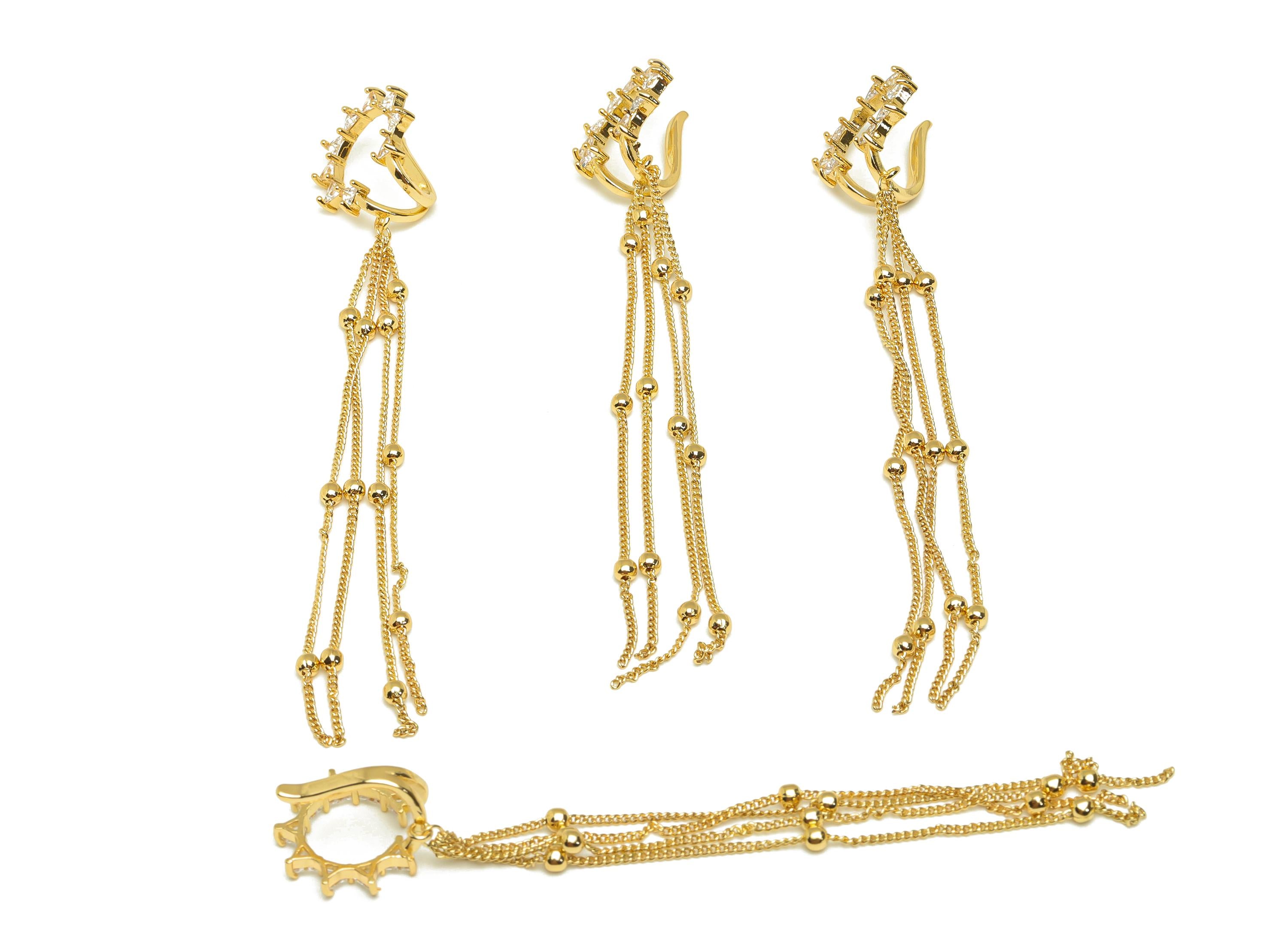 Brass Sunshine Ear Cuff - Gold Sun Tassel Earring Cuff - Zircon Cartilage Cuff Chain Ear - 18K Real Gold Plated -110.2x18.5x12.54mm -RGP7614 - DOMEDBAZAAR