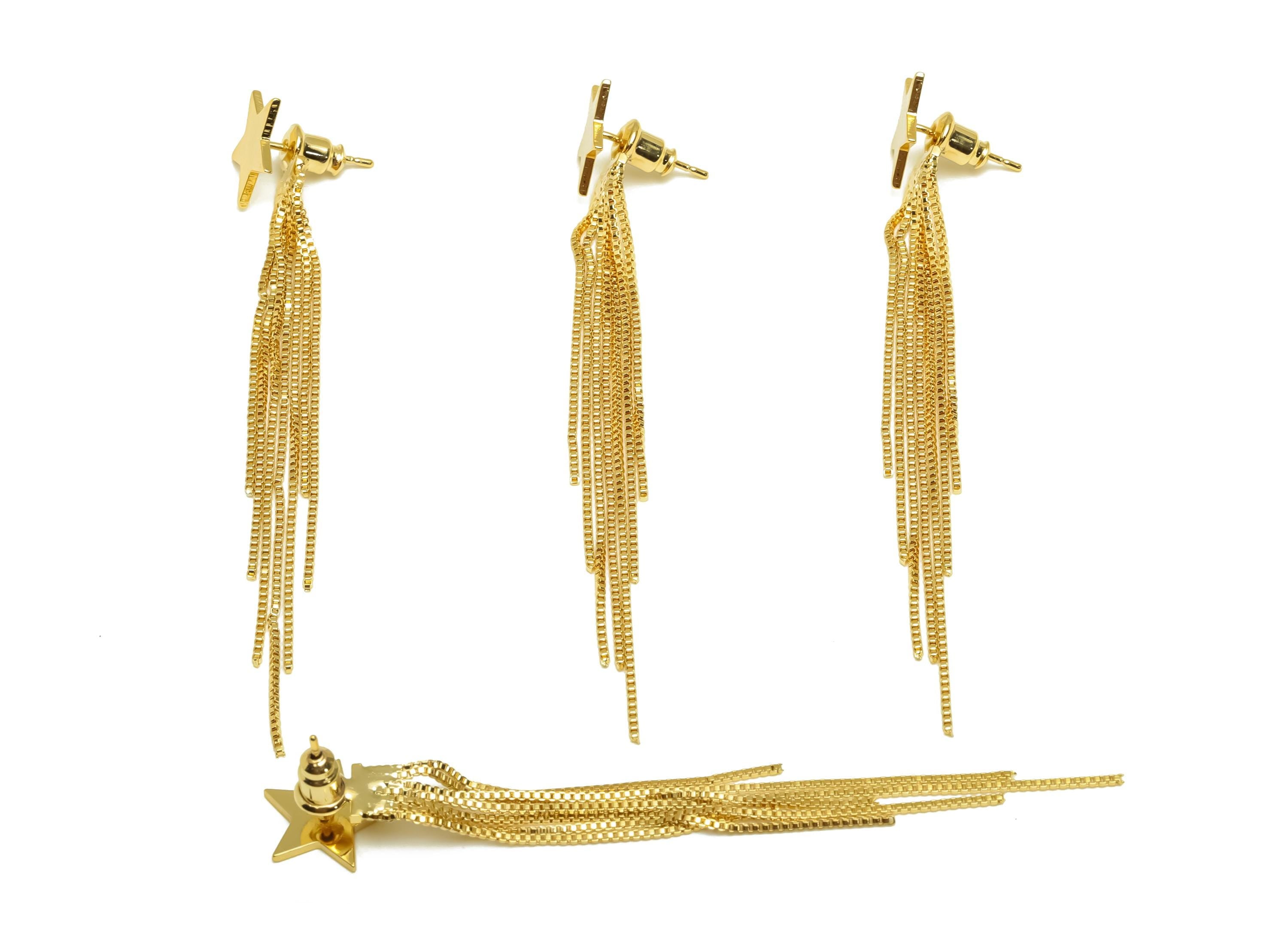 Brass Earring Tassel Stud - Brass Star Tassel Earring - Brass Dangle Box Chain Earring Post - 18K Real Gold Plating - 79x11 x0.9mm - RGP7563 - DOMEDBAZAAR