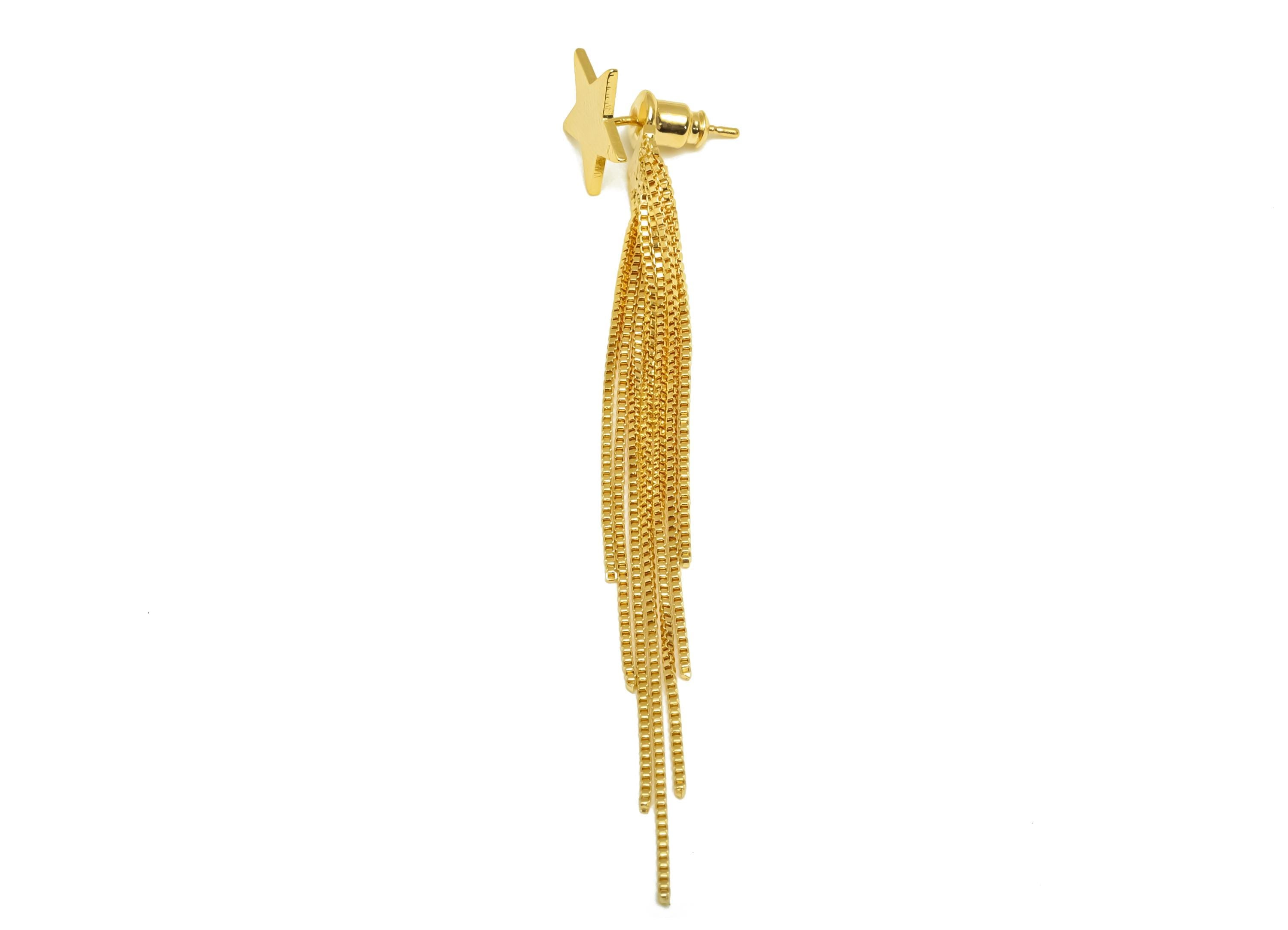 Brass Earring Tassel Stud - Brass Star Tassel Earring - Brass Dangle Box Chain Earring Post - 18K Real Gold Plating - 79x11 x0.9mm - RGP7563 - DOMEDBAZAAR