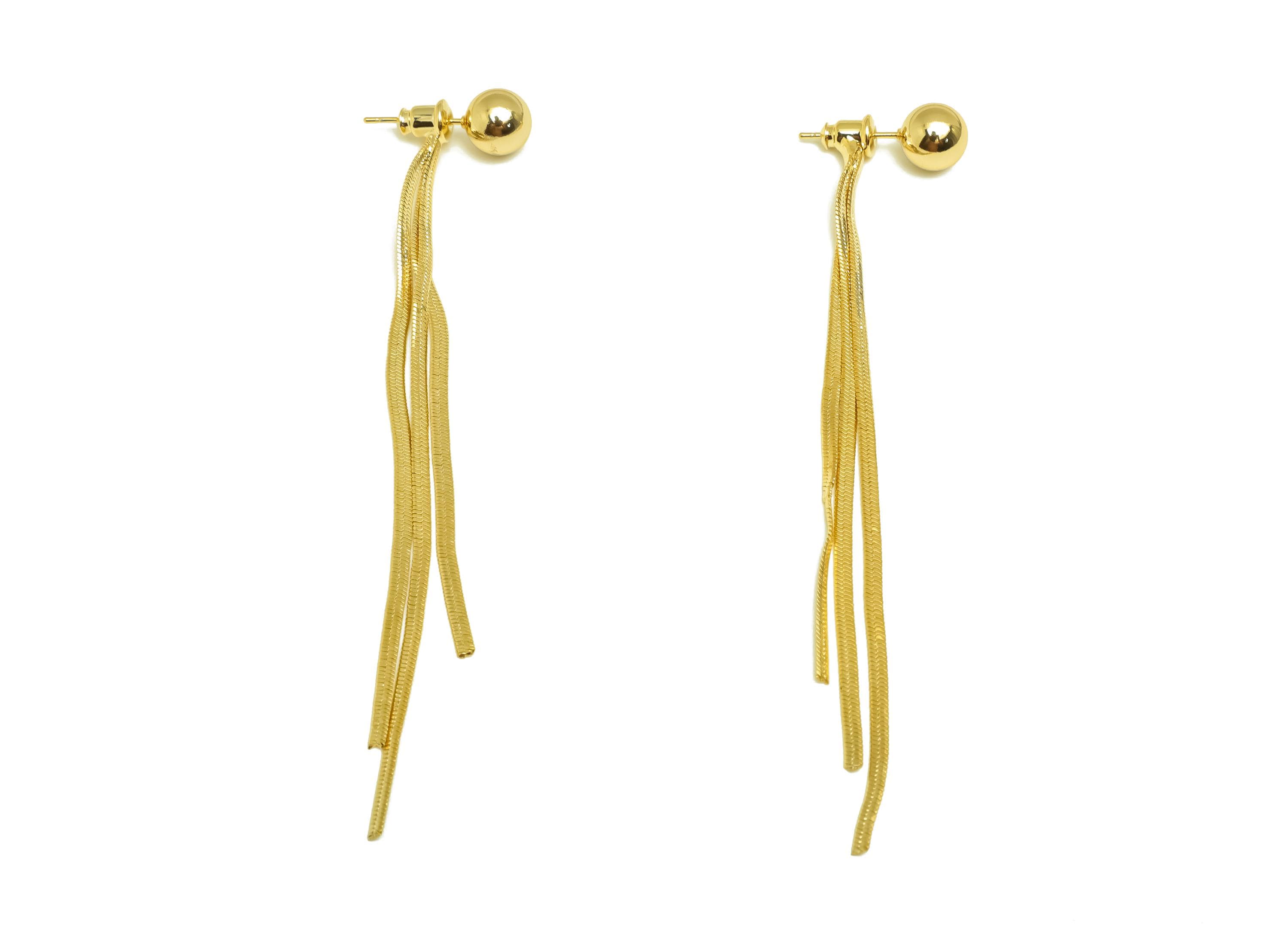 Brass Earring Tassel Stud - Brass Ball Tassel Earring - Brass Dangle Snake Chain Earring Post - 18K Real Gold Plating - 94x7x11mm - RGP7568 - DOMEDBAZAAR