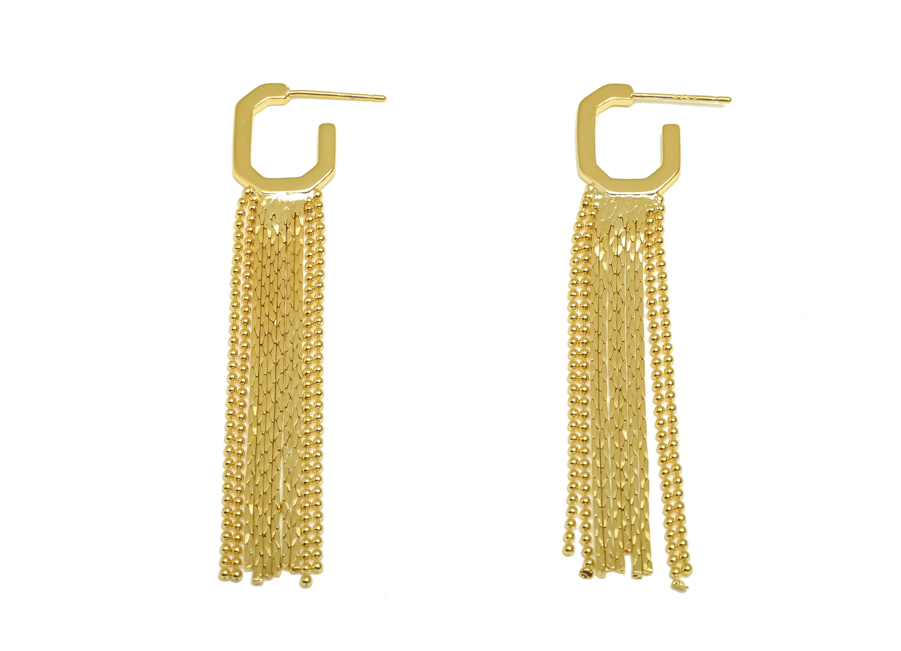 Brass Earring Tassel Stud - Brass Hoop Rectangle Bead Tassel Earring - Snake Chain Earring Post - 18K Real Gold Plating - 67x12x1mm -RGP7559 - DOMEDBAZAAR