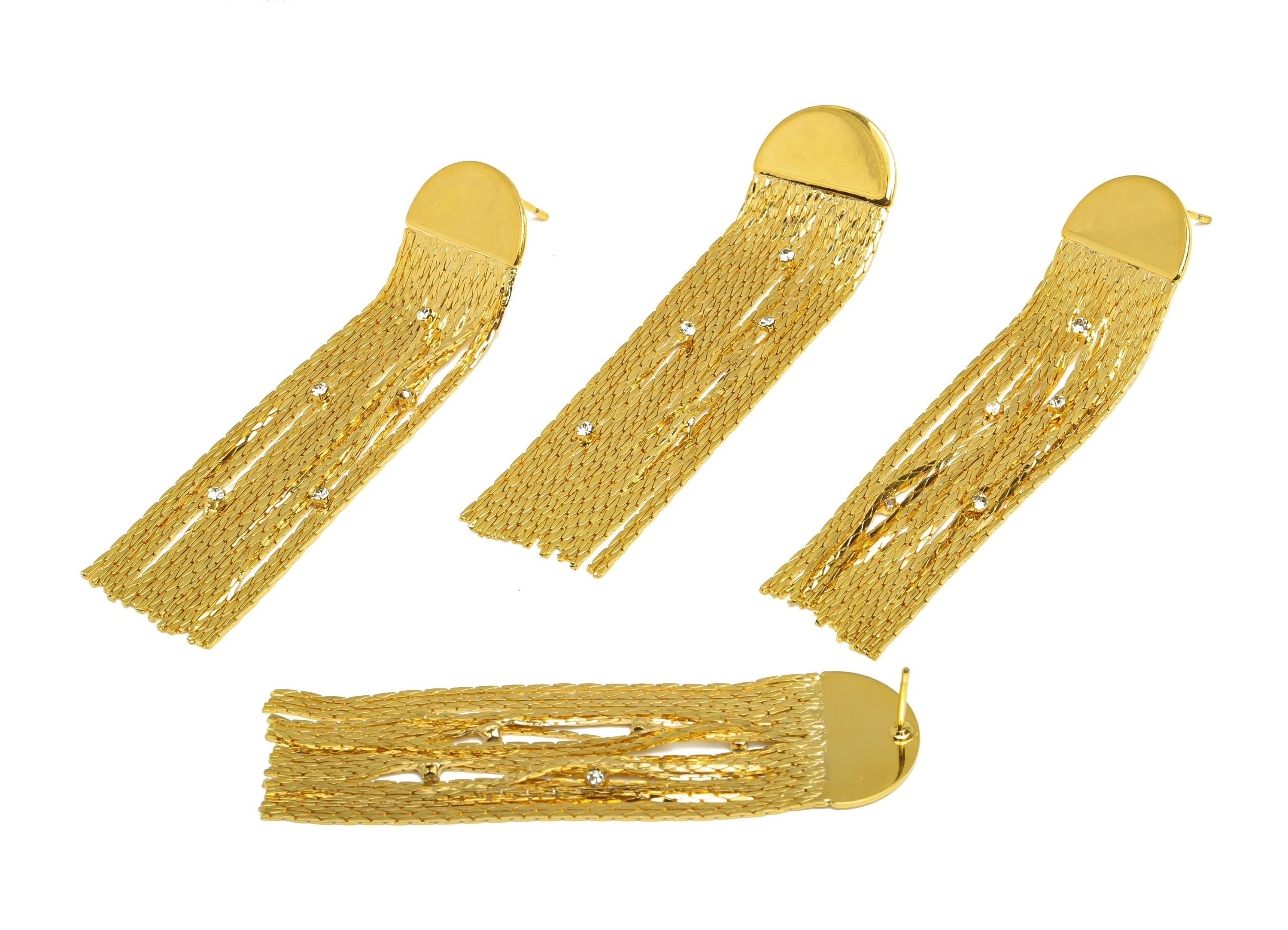 Brass Moon Tassel Earring Stud - CZ Tassel Wire Earring Post - Cubic Zircon Tassel Earring Post - 18K Real Gold Plated - 63x16x1mm - RGP7328 - DOMEDBAZAAR