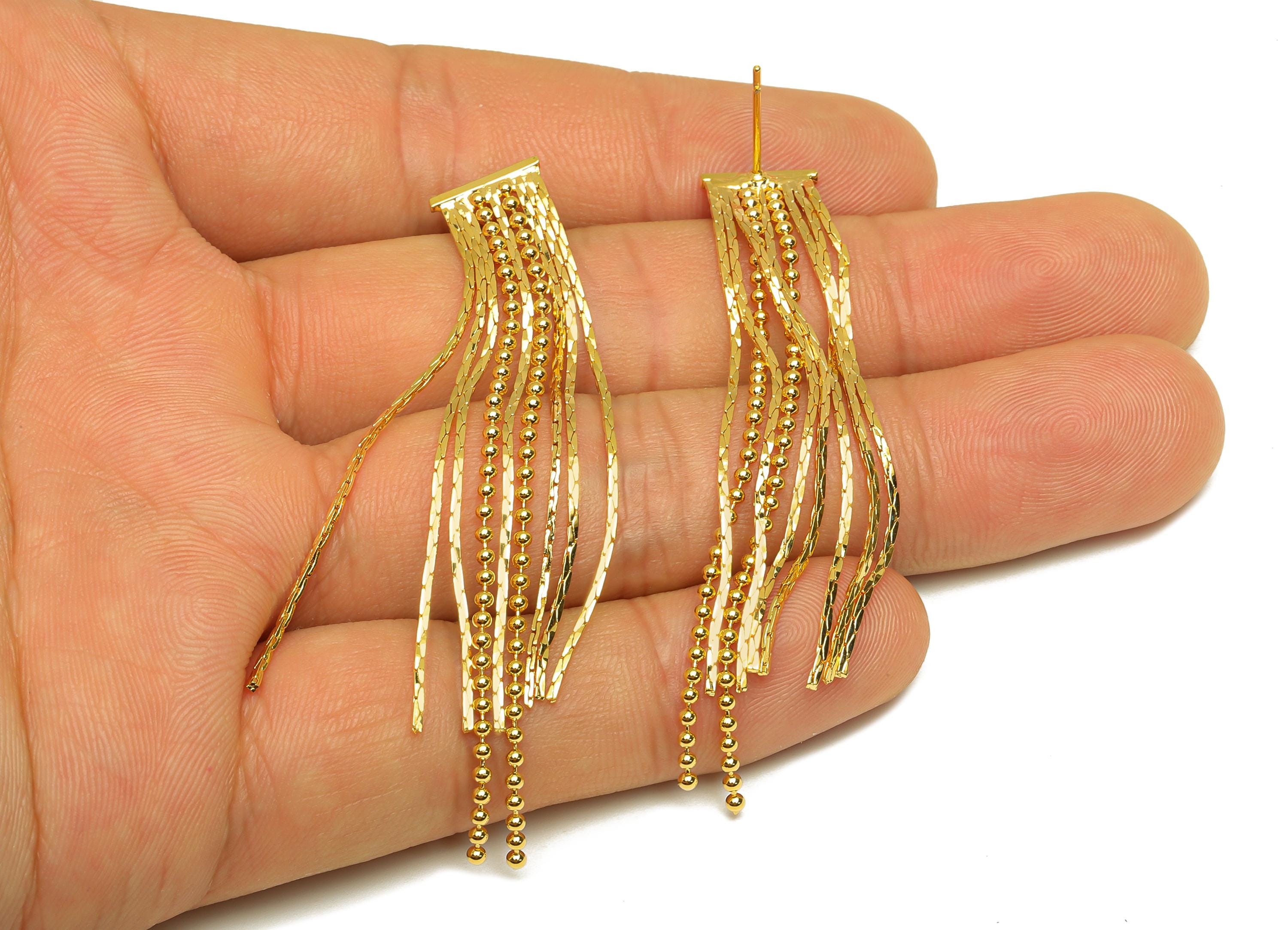 Brass Bead Tassel Earring Stud - Tassel Wire Earring Post - Beaded Chian Tassel Earring Post - 18K Real Gold Plated - 66x10x0.97mm - RGP7341 - DOMEDBAZAAR