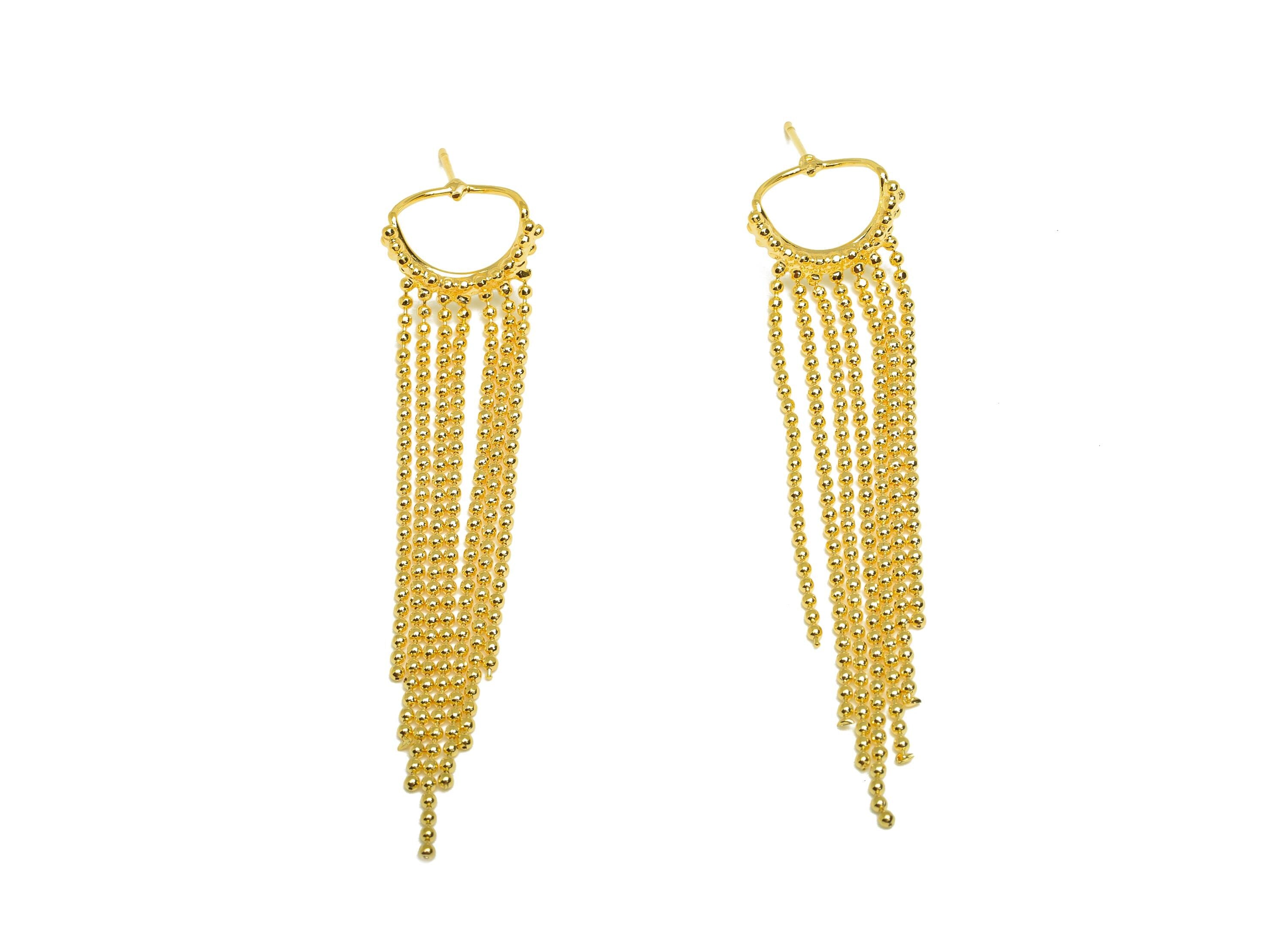 Brass Bead Tassel Earring Stud - Beaded Chian Tassel Earring Post - Earring Post For Pearl - 18K Real Gold Plated - 63.8x13x1.87mm - RGP7322 - DOMEDBAZAAR