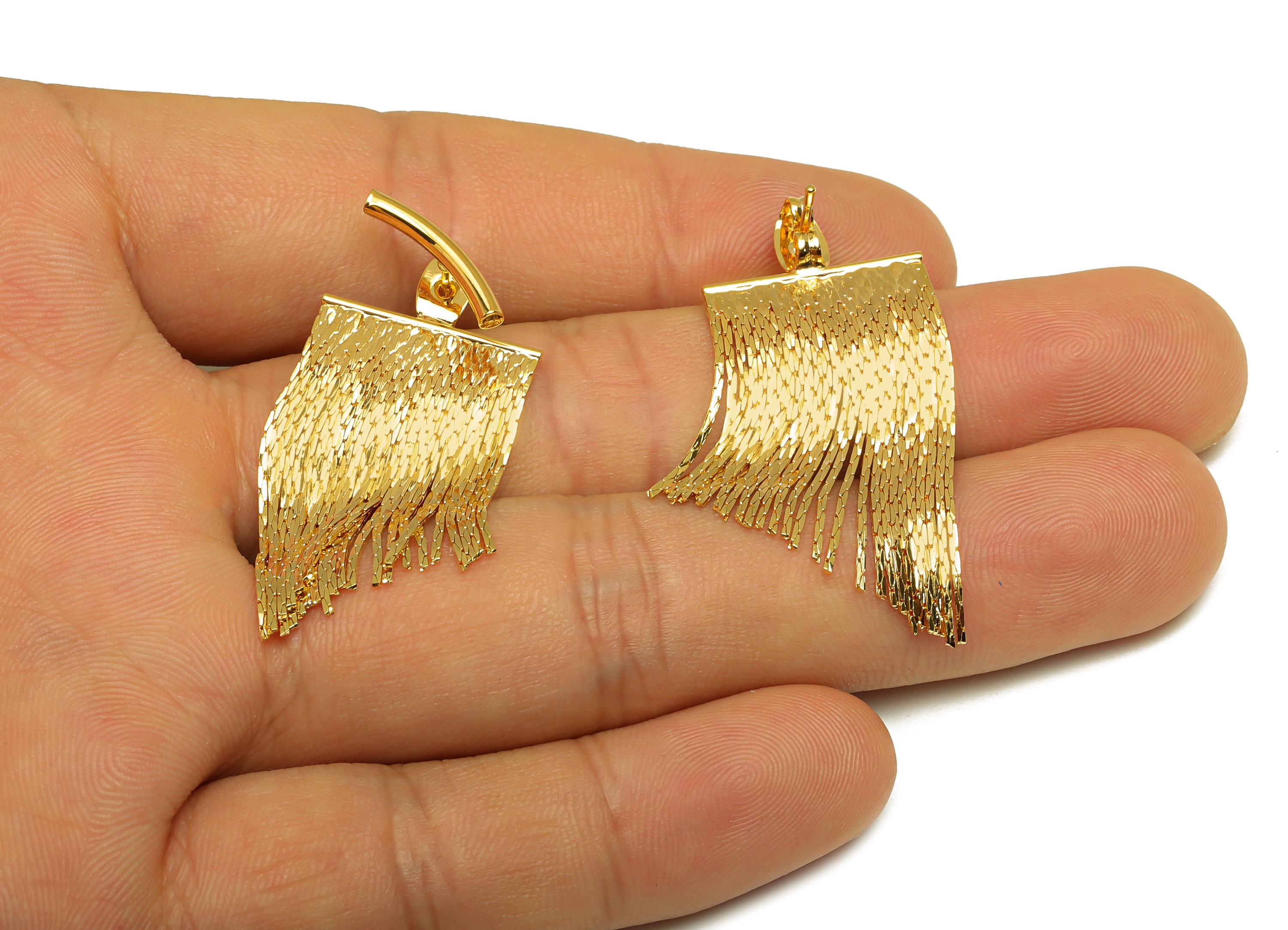 Brass Tassel Earring Stud - Bent Stick Tassel Earring Post - Snake Chian Tassel Earring Post - 18K Real Gold Plated - 43.3x18x1mm - RGP7317 - DOMEDBAZAAR