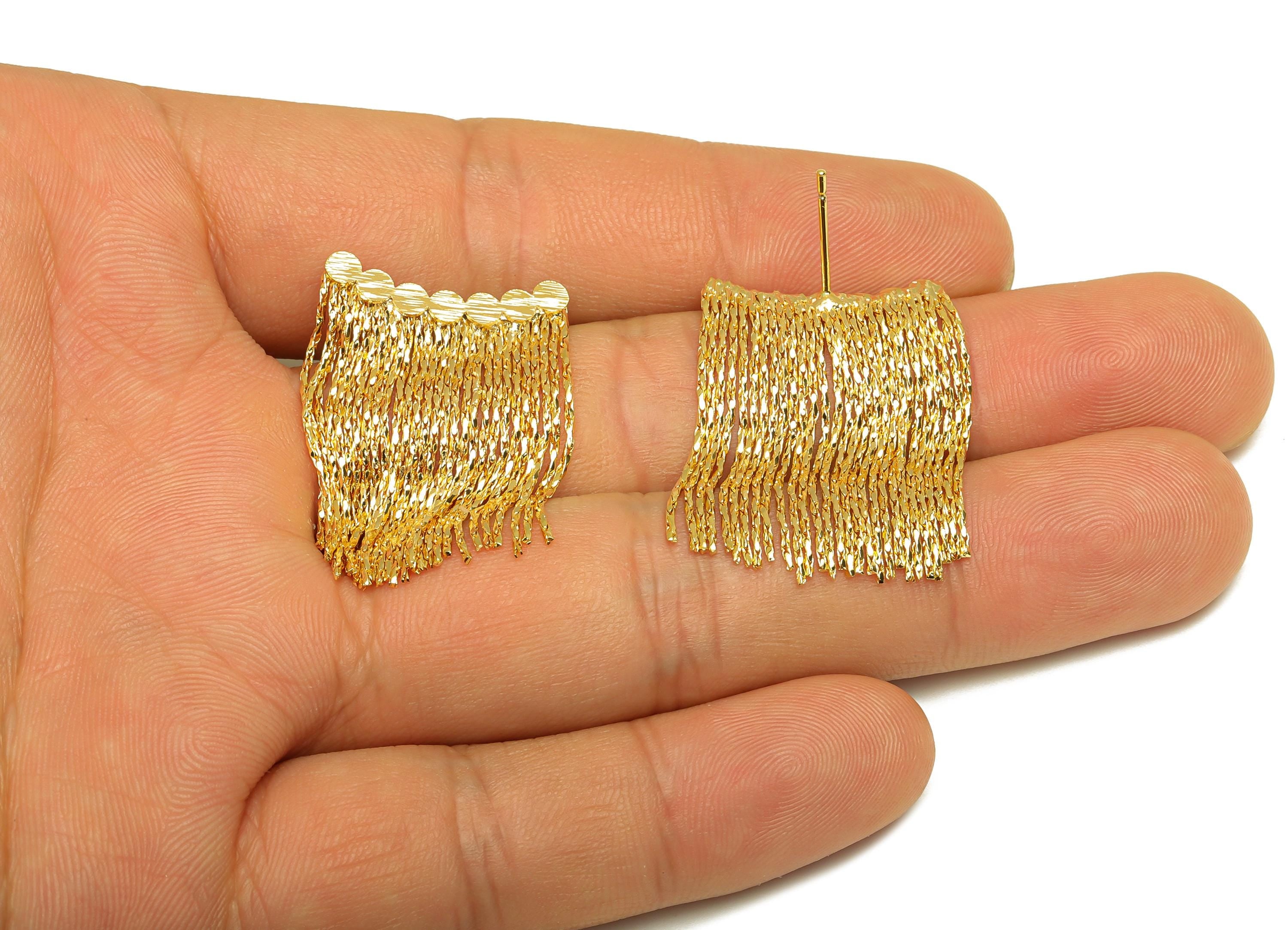 Brass Tassel Earring Stud - Bent Beaded Tassel Earring Post - Brass Chian Tassel Earring Post - 18K Real Gold Plated - 33x20x1mm - RGP7335 - DOMEDBAZAAR