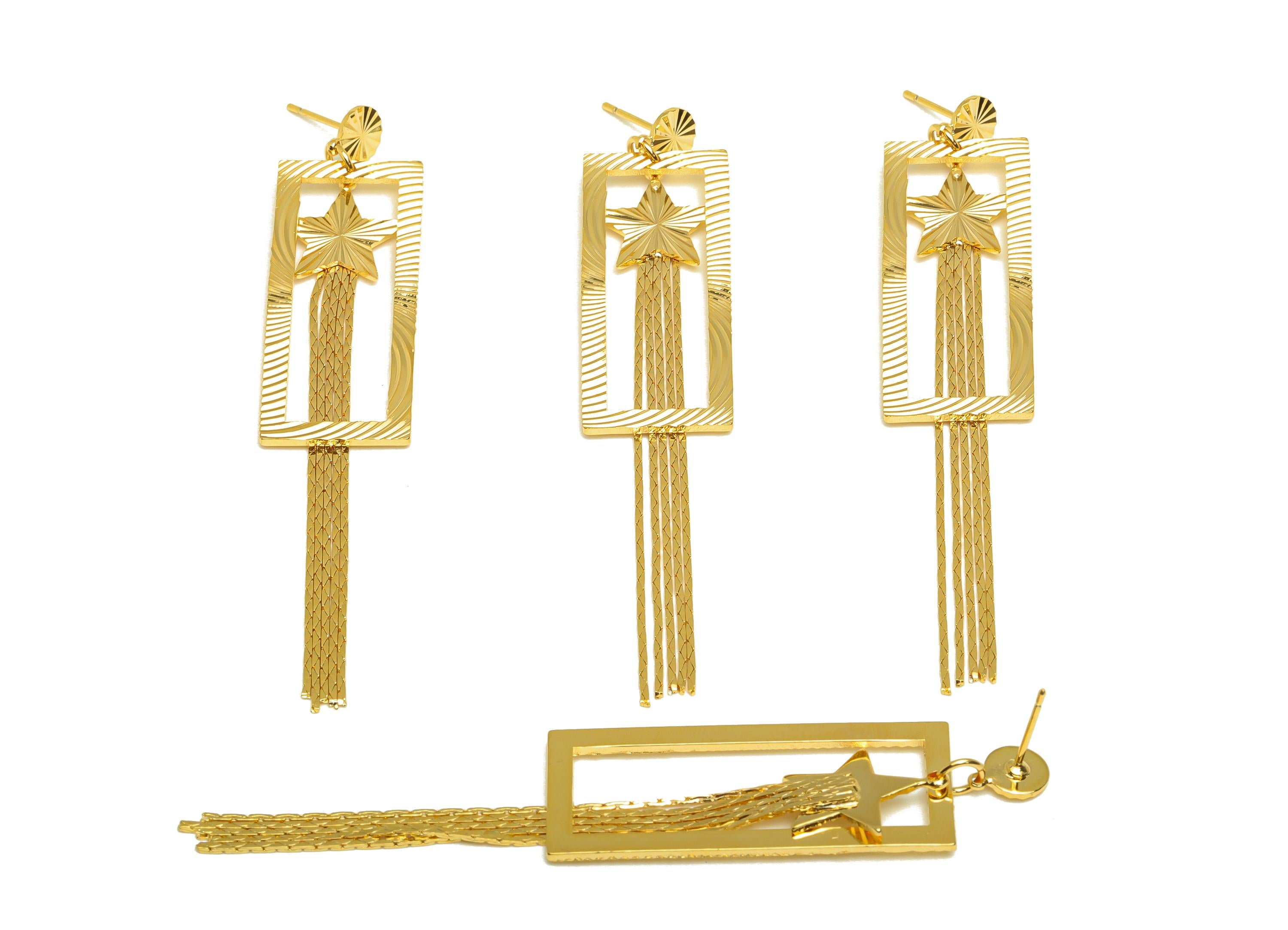 Brass Star Tassel Stud - Brass Rectangle Tassel Earring Post - Snake Chian Tassel Earring Post - 18K Real Gold Plated - 86x16x1mm - RGP7330 - DOMEDBAZAAR