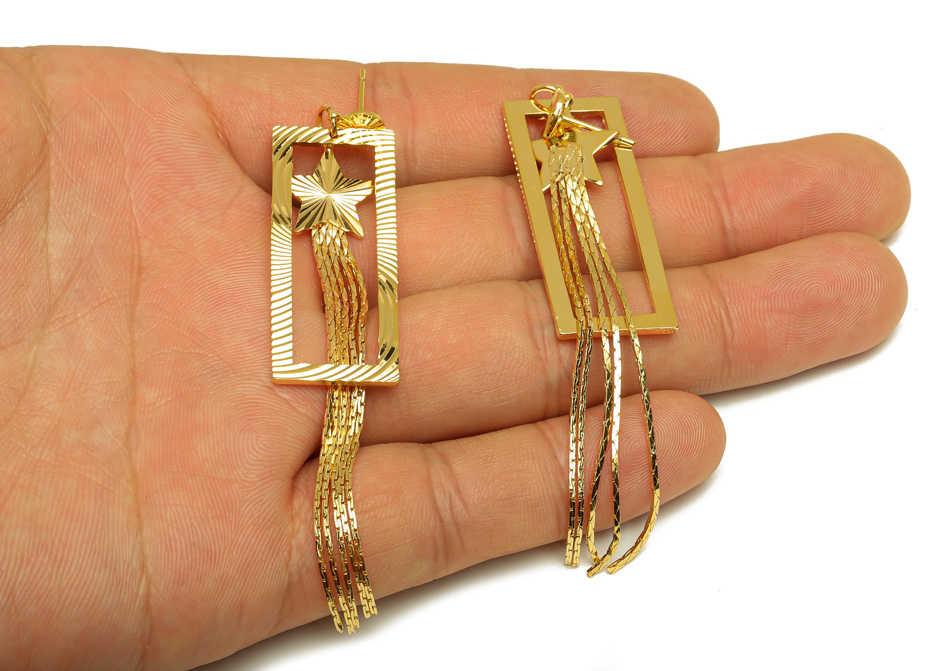 Brass Star Tassel Stud - Brass Rectangle Tassel Earring Post - Snake Chian Tassel Earring Post - 18K Real Gold Plated - 86x16x1mm - RGP7330 - DOMEDBAZAAR