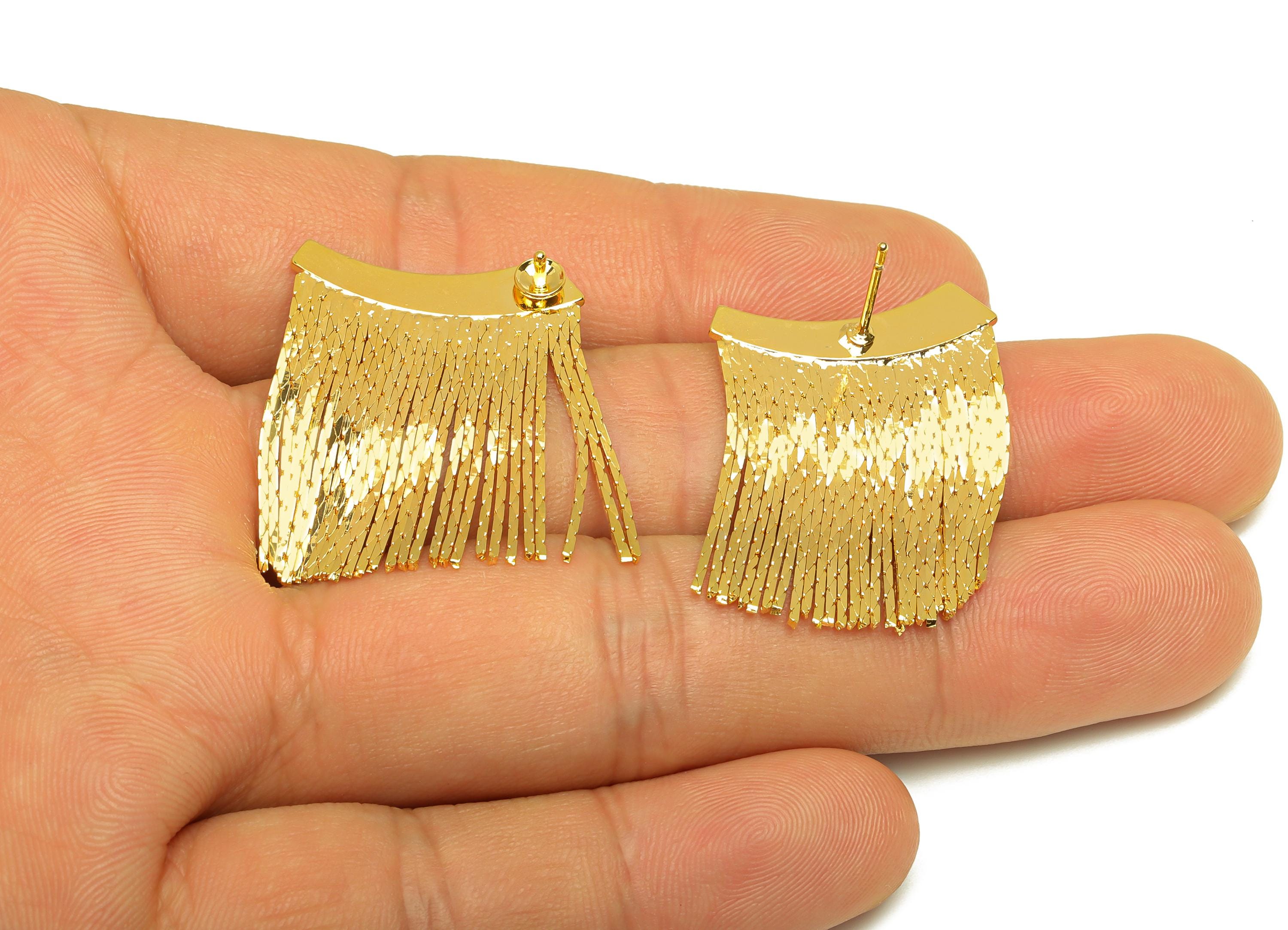 Brass Tassel Earring Stud - Wide Tassel Earring Post - Brass Chian Tassel Earring Post For Pearl - 18K Real Gold Plated - 29x22x1mm- RGP7332 - DOMEDBAZAAR