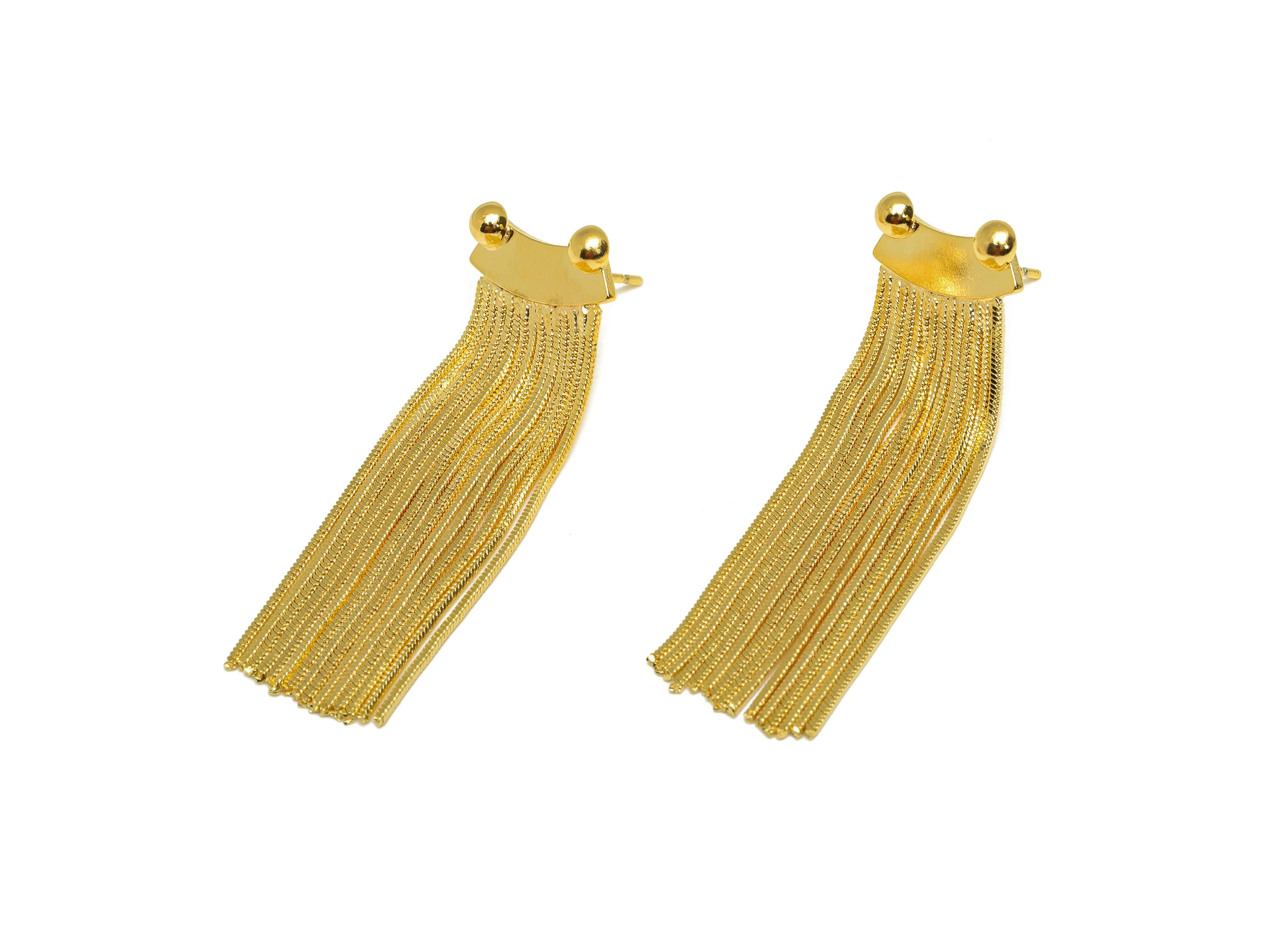 Brass Tassel Stud - Brass Bent Tassel Earring Post - Snake Chian Tassel Earring Post - 18K Real Gold Plated - 52.9x16.68x0.86mm - RGP7319 - DOMEDBAZAAR