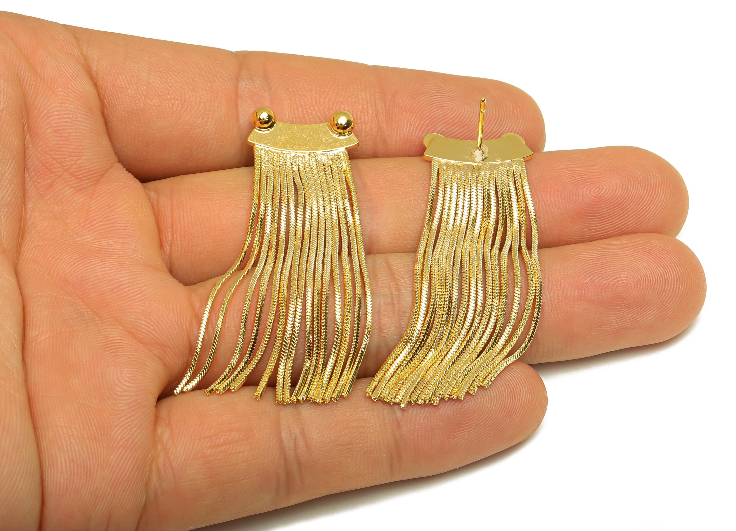 Brass Tassel Stud - Brass Bent Tassel Earring Post - Snake Chian Tassel Earring Post - 18K Real Gold Plated - 52.9x16.68x0.86mm - RGP7319 - DOMEDBAZAAR
