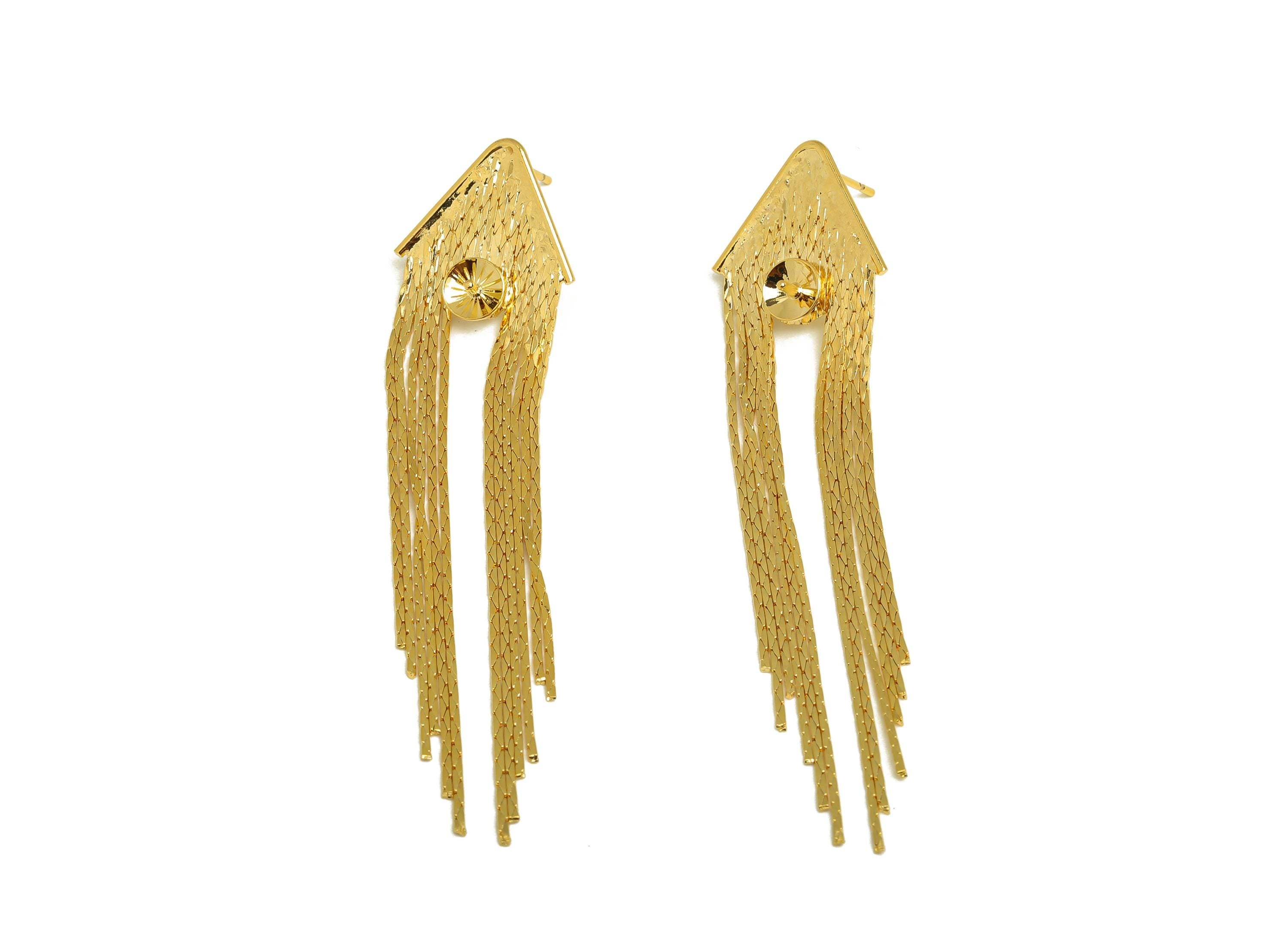 Brass Tassel Earring Stud - Geometry Tassel Earring Post - Chian Tassel Earring Post For Pearl - 18K Real Gold Plated - 72x17x1mm- RGP7342 - DOMEDBAZAAR