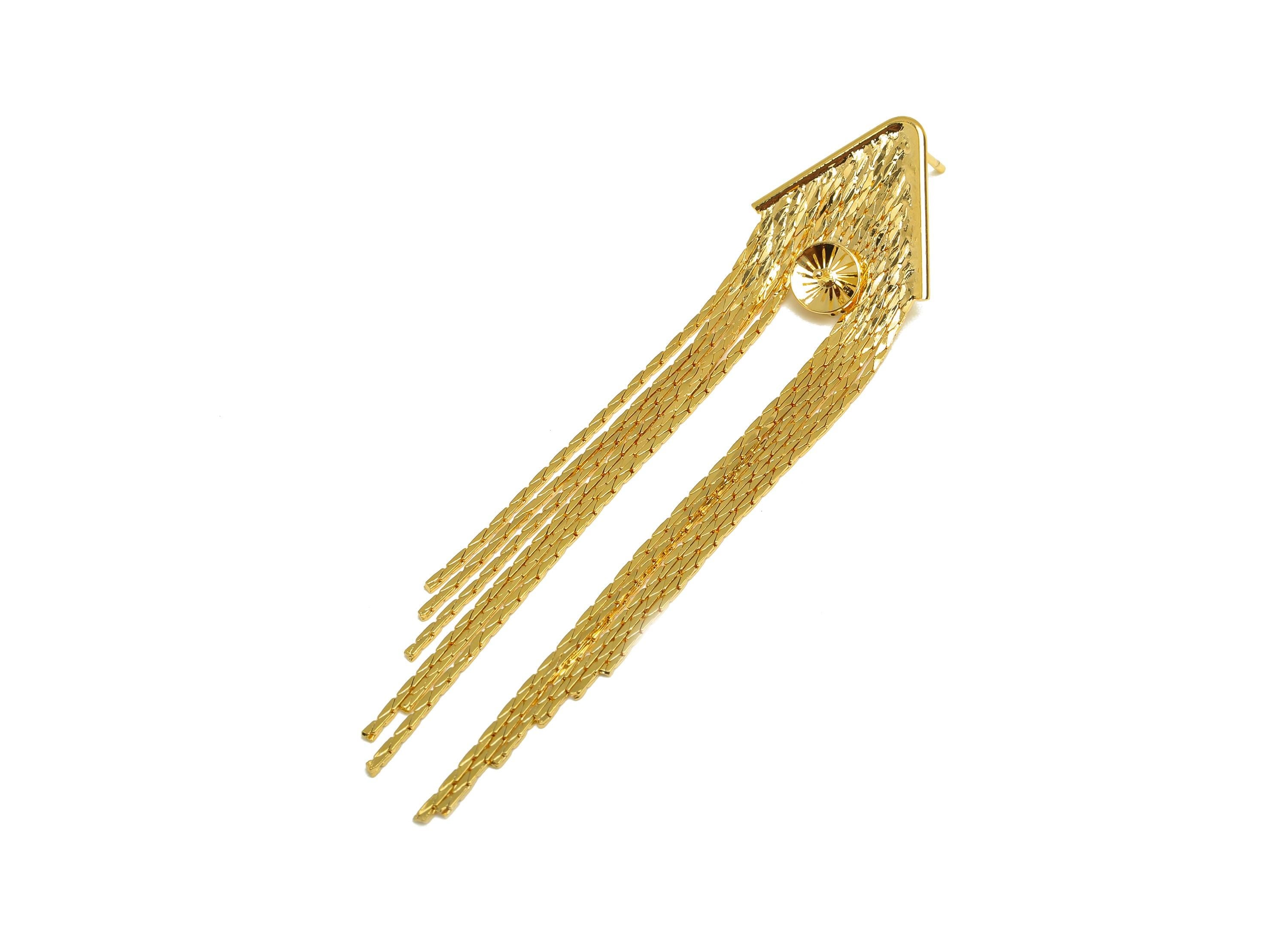 Brass Tassel Earring Stud - Geometry Tassel Earring Post - Chian Tassel Earring Post For Pearl - 18K Real Gold Plated - 72x17x1mm- RGP7342 - DOMEDBAZAAR