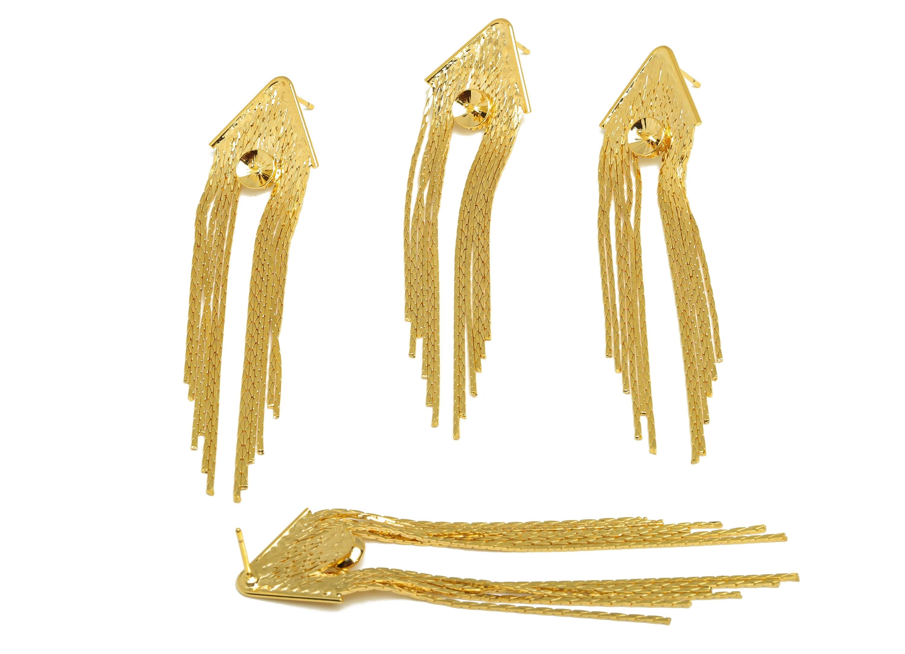 Brass Tassel Earring Stud - Geometry Tassel Earring Post - Chian Tassel Earring Post For Pearl - 18K Real Gold Plated - 72x17x1mm- RGP7342 - DOMEDBAZAAR