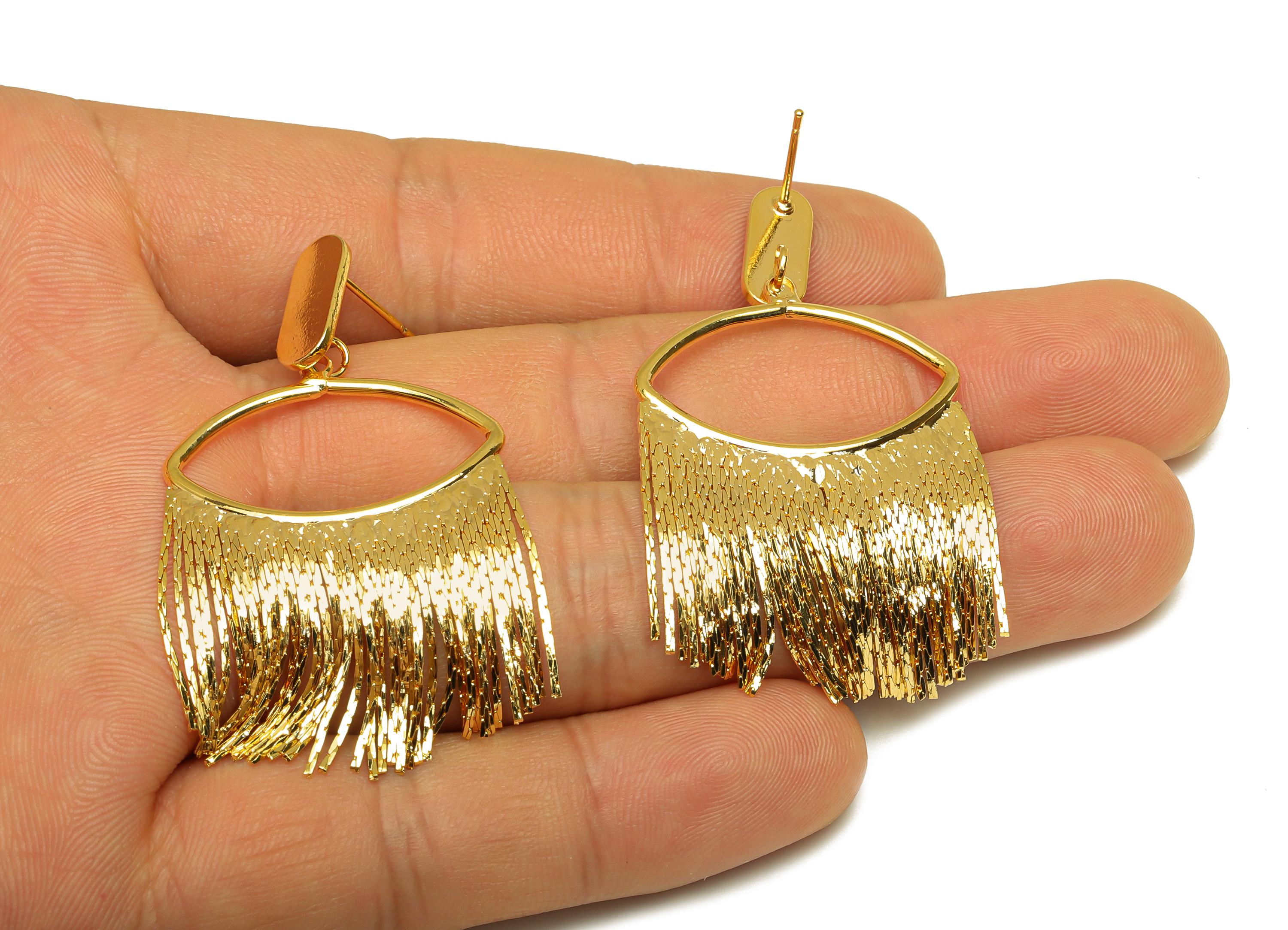 Brass Tassel Earring Stud - Marquise Tassel Earring Post - Geometry Chian Tassel Earring Post - 18K Real Gold Plated - 53x27x1mm - RGP7315 - DOMEDBAZAAR