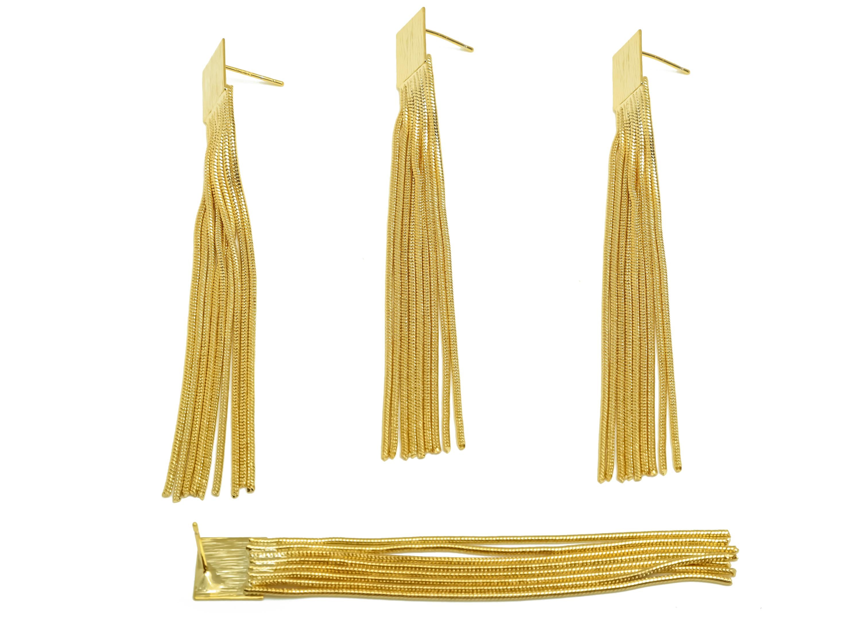 Brass Earring Tassel Stud - Brass Textured Square Tassel Earring - Snake Chain Earring Post - 18K Real Gold Plating - 78x10x0.49mm - RGP7569 - DOMEDBAZAAR